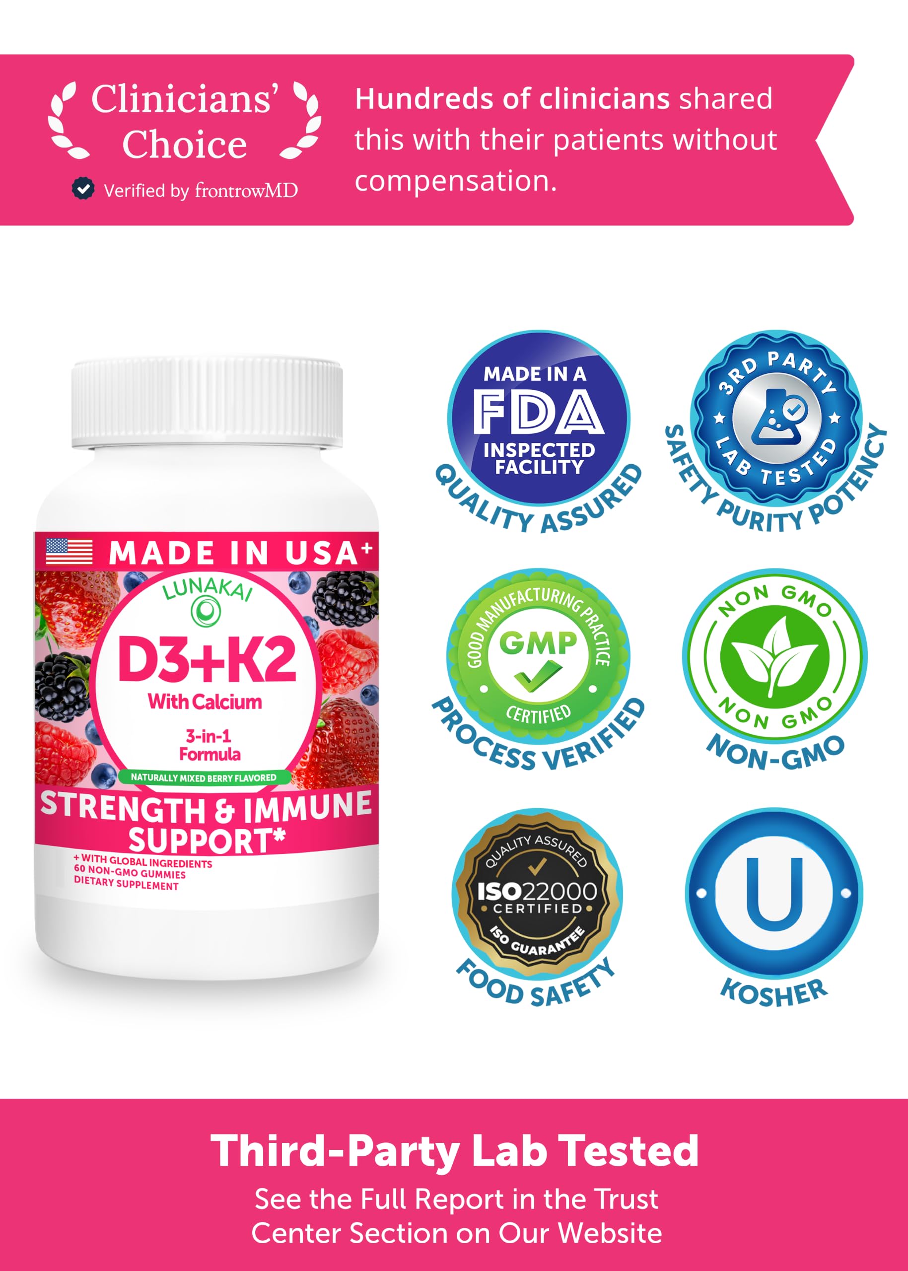 Lunakai USA Made Vitamin D3 K2 Gummies with Calcium, Non-GMO 60ct — Amazon image 2