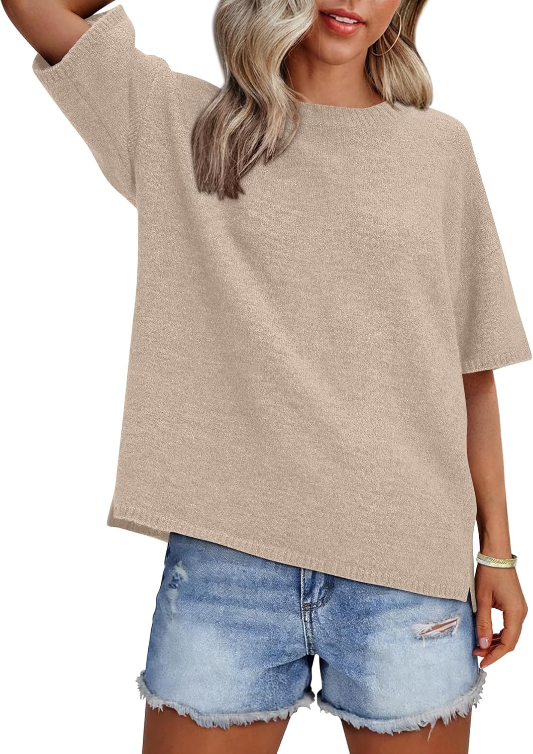 ANRABESS Womens Short Sleeve Sweater Oversized Lightweight Business Casual Tops Crewneck Soft Knit 2026 Spring Summer Outfits