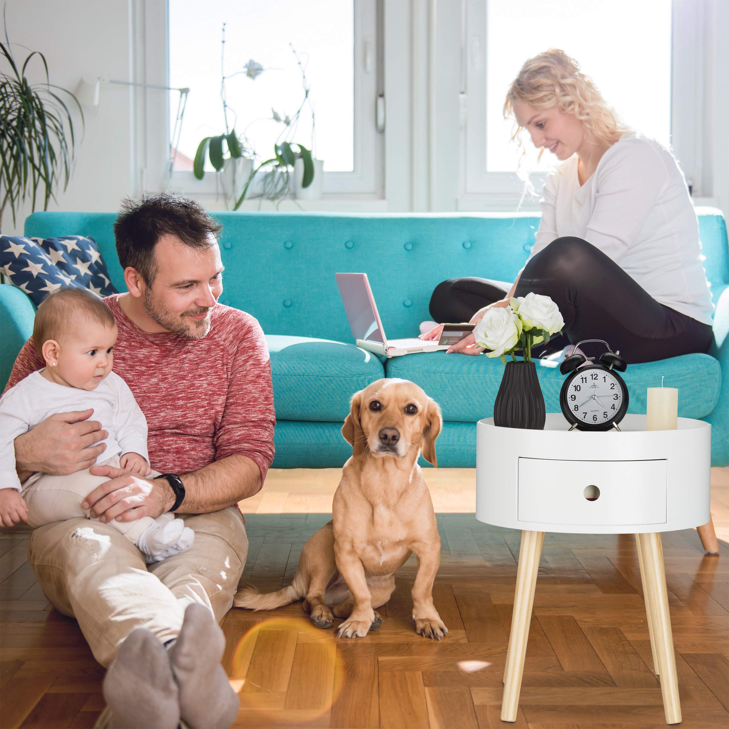 Relaxdays Table d’appoint Ronde, tiroir, Pieds en Bois, Design scandinave, Minimaliste, HxD 46 x 38 cm Blanc/Nature