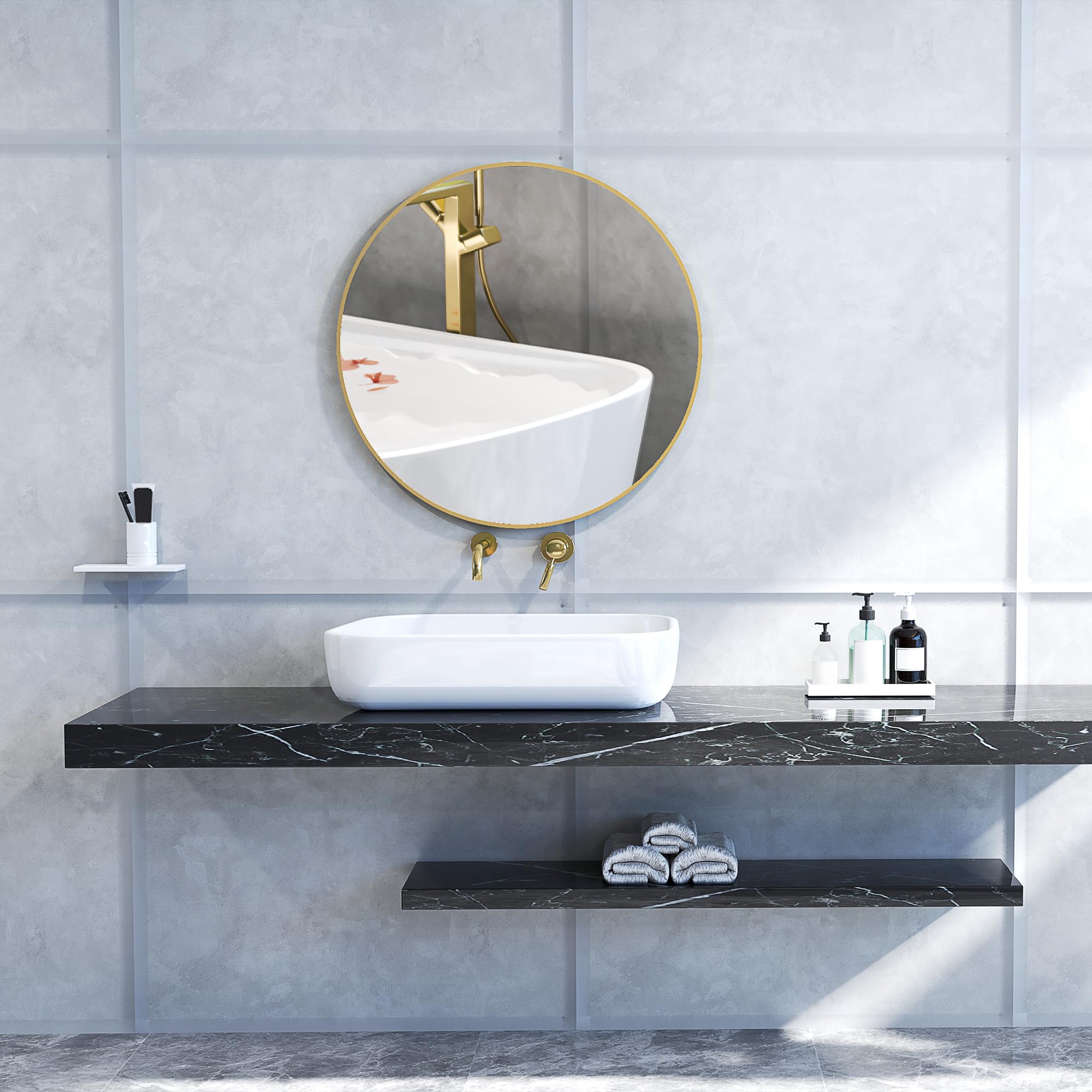 HOMCOM Specchio Bagno Rotondo Ø70cm in Vetro, Specchio da Parete Moderno con Cornice in Metallo, con Superficie Antiurto, per Camera da Letto, Ingresso, Soggiorno, Oro
