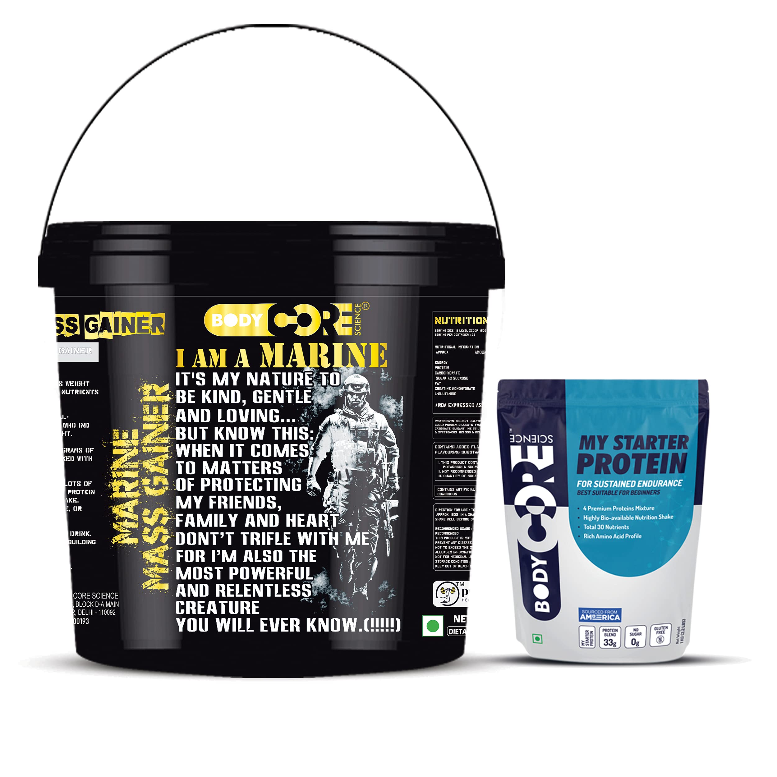 Body Core Science Marine Mass Gainer-5Kg (Chocolate) | My Starter Protein-1 Kg Chocolate | Mass Gainer | Lean Gainer | Gold Whey | Protein Powder | Whey Gold | Gold Whey Protein | Beginner Protein