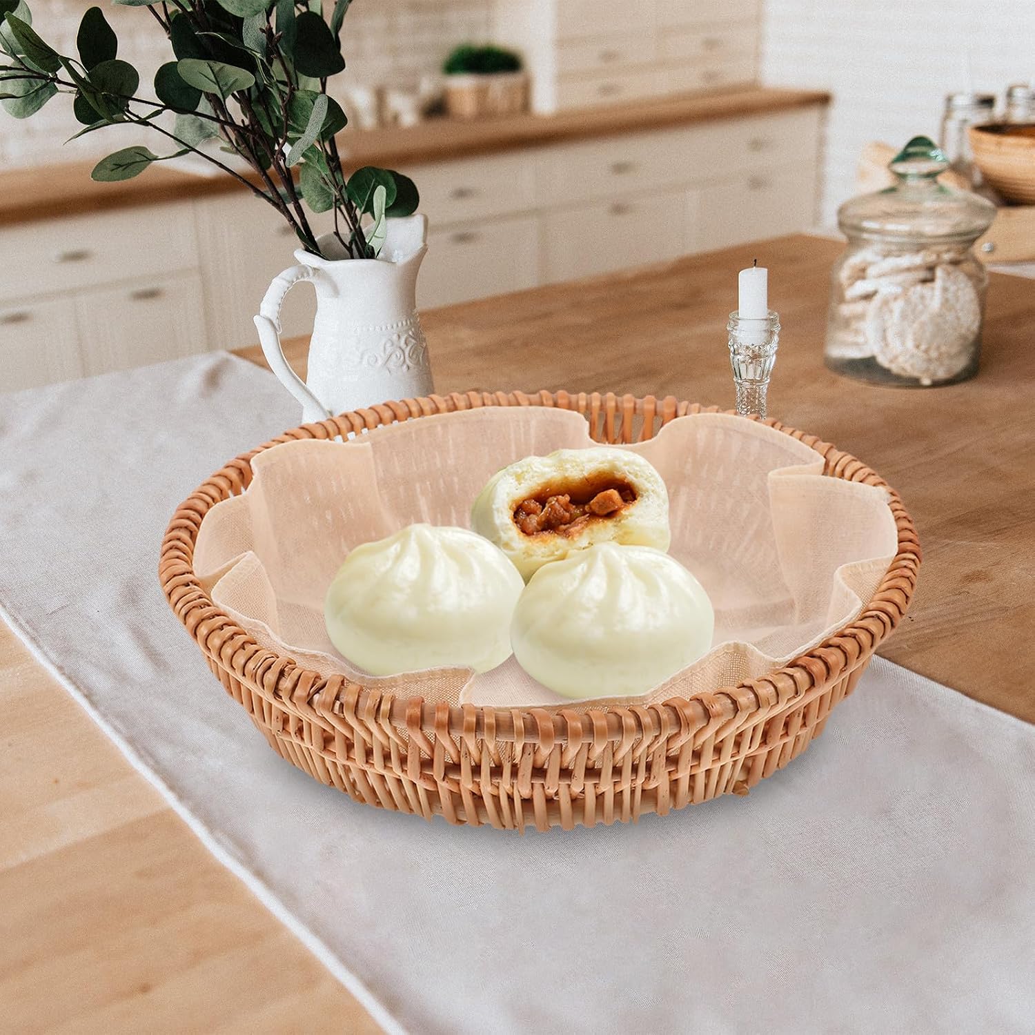 Wicker Bread Basket Medium Size, Handwoven Rattan Snack Pastry Basket for Household Bread and Dinner Rolls, Pastoral Style Storage Tray for Kitchen Table and Dining Serving