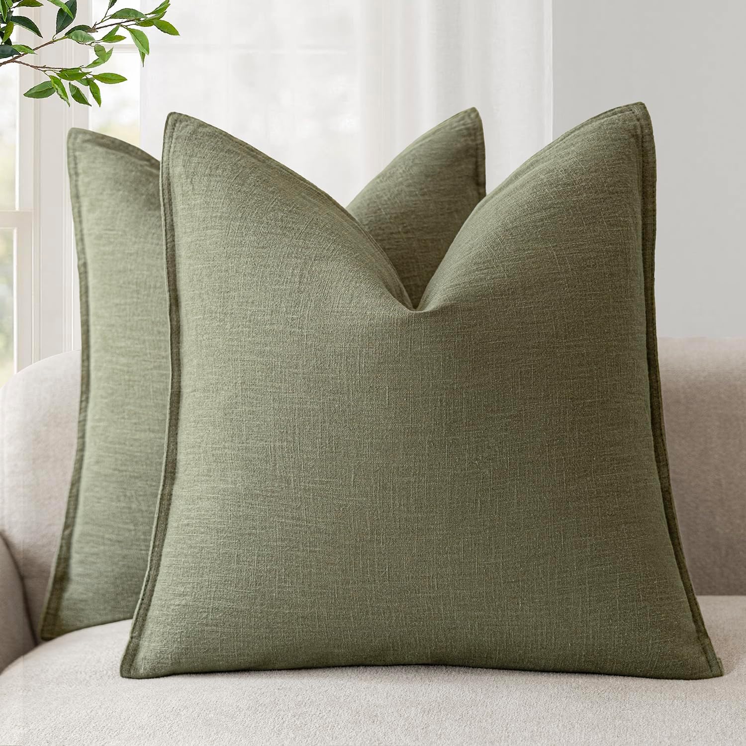 foindtower pack of 2, decorative linen soild throw pillow covers soft accent cushion case farmhouse neutral pillowcase for chair couch sofa bedroom living room home decor 22x22 inch olive branch green 22" x 22" (pack of 2) olive branch