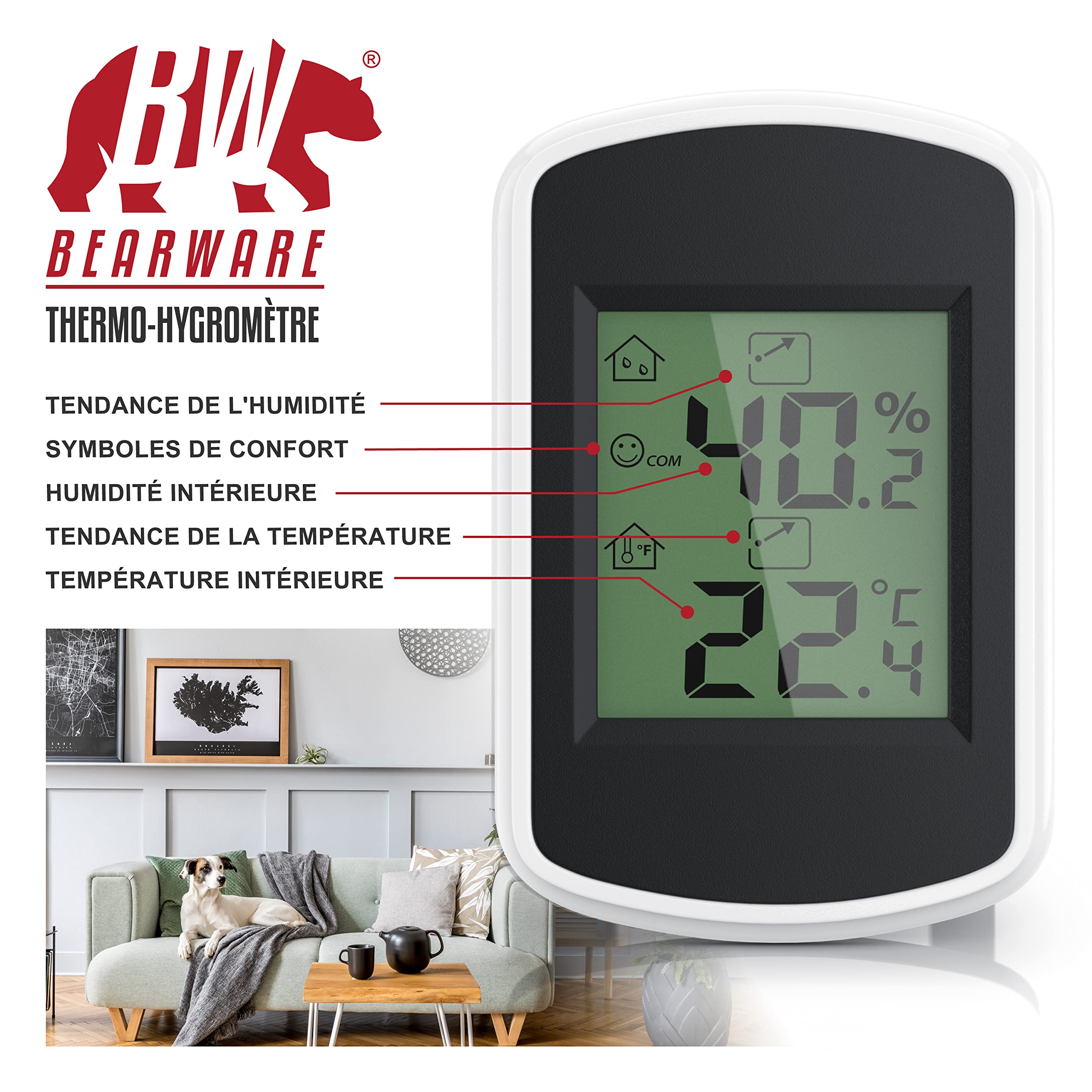Thermomètre Hygromètre Bearware - Digital LCD - Aimant Et Adhesif Inclus - Blanc
