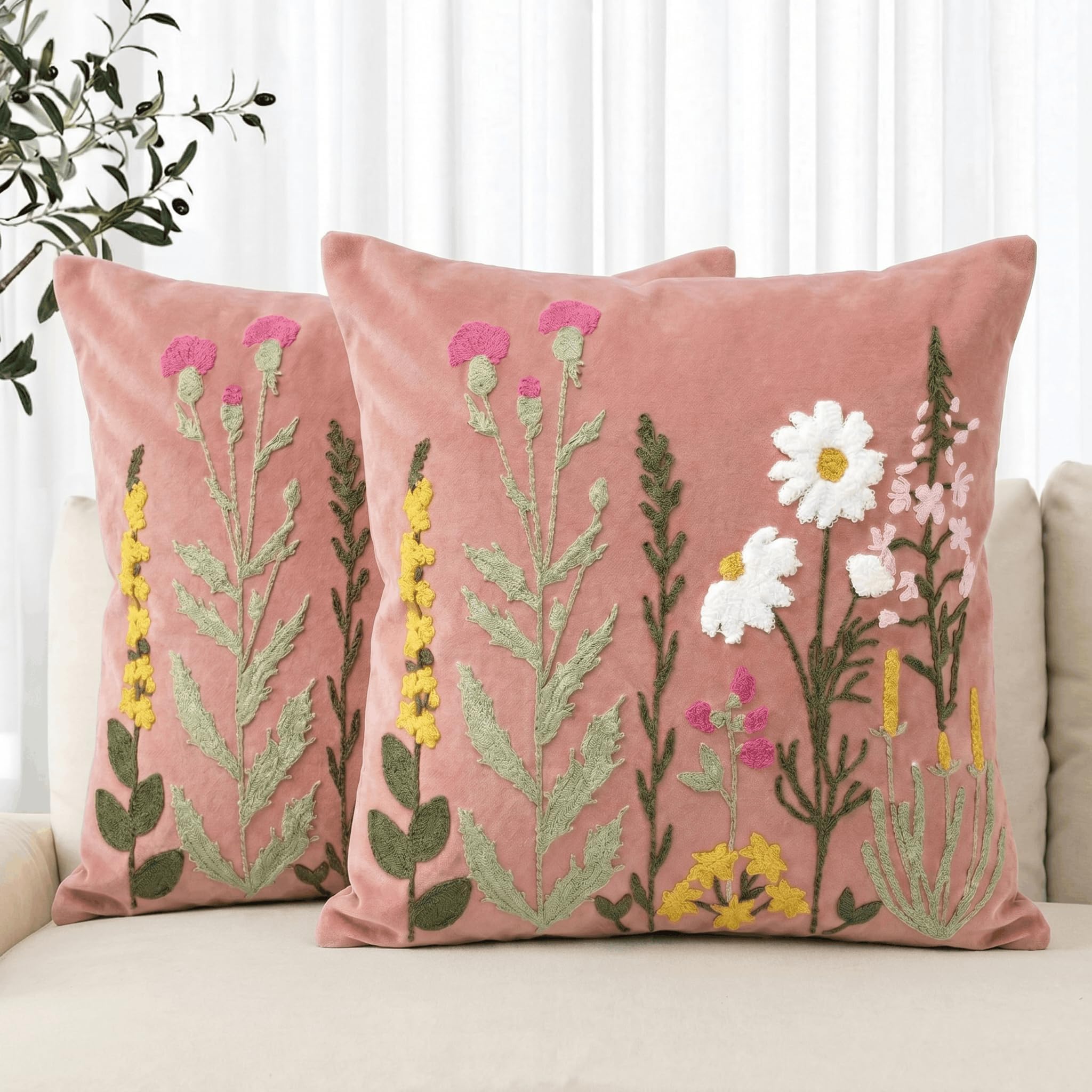 Artoid Mode Pink Chain-stitch Flowers Spring Cushion Covers 45x45 cm 2PCS
