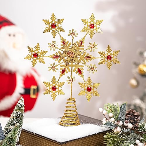 Miniatura 5 de DUSVALLY Gold Snowflake Christmas Tree Topper, Red Glitter Metal Star Treetop Xmas Decor with Easy Spiral Base-13 in