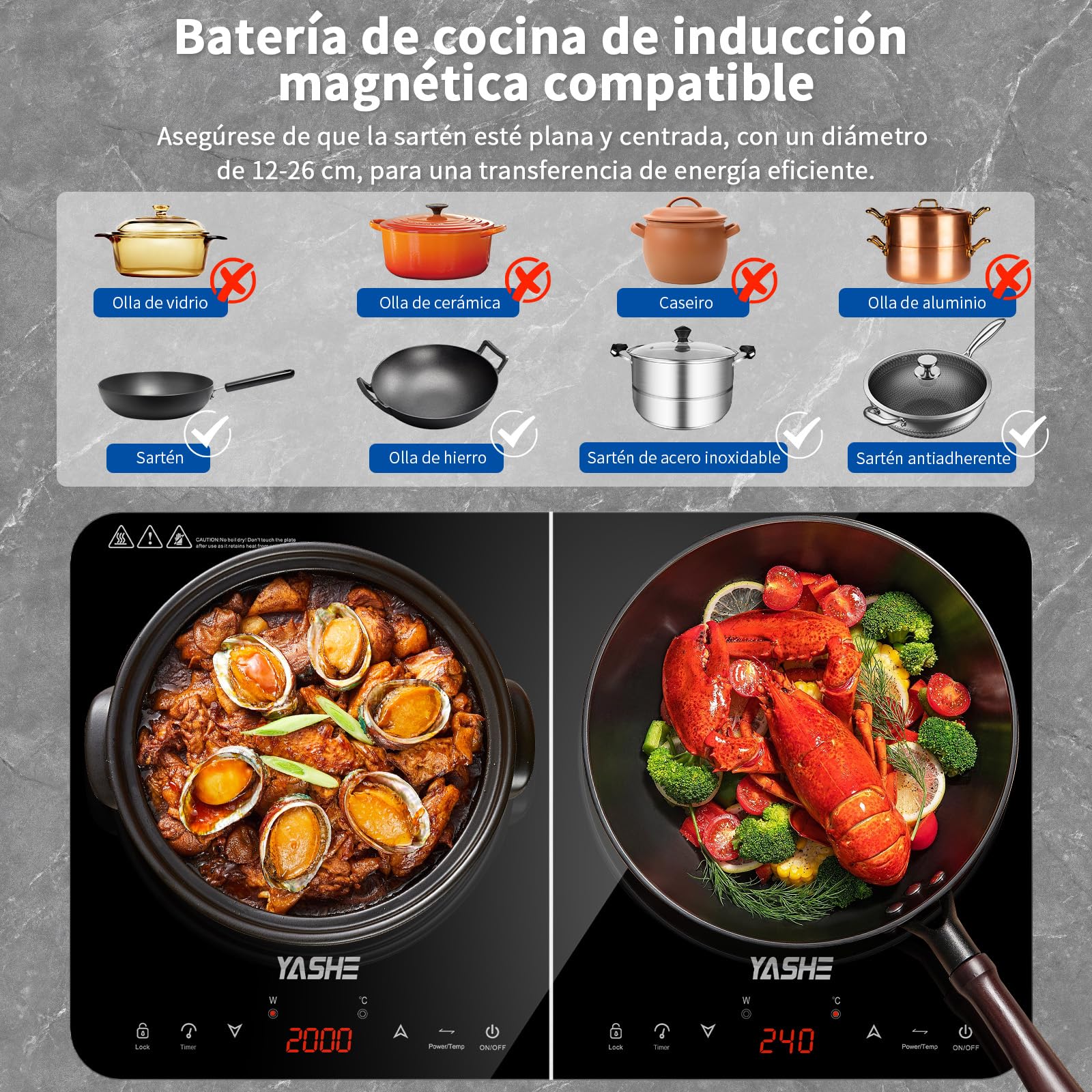 YASHE Placa de inducción- Placa de inducción de doble cara, 10 ajustes de potencia y 10 ajustes de temperatura, placa de inducción de 3500 W con 2 discos, temporizadores, bloqueo de seguridad