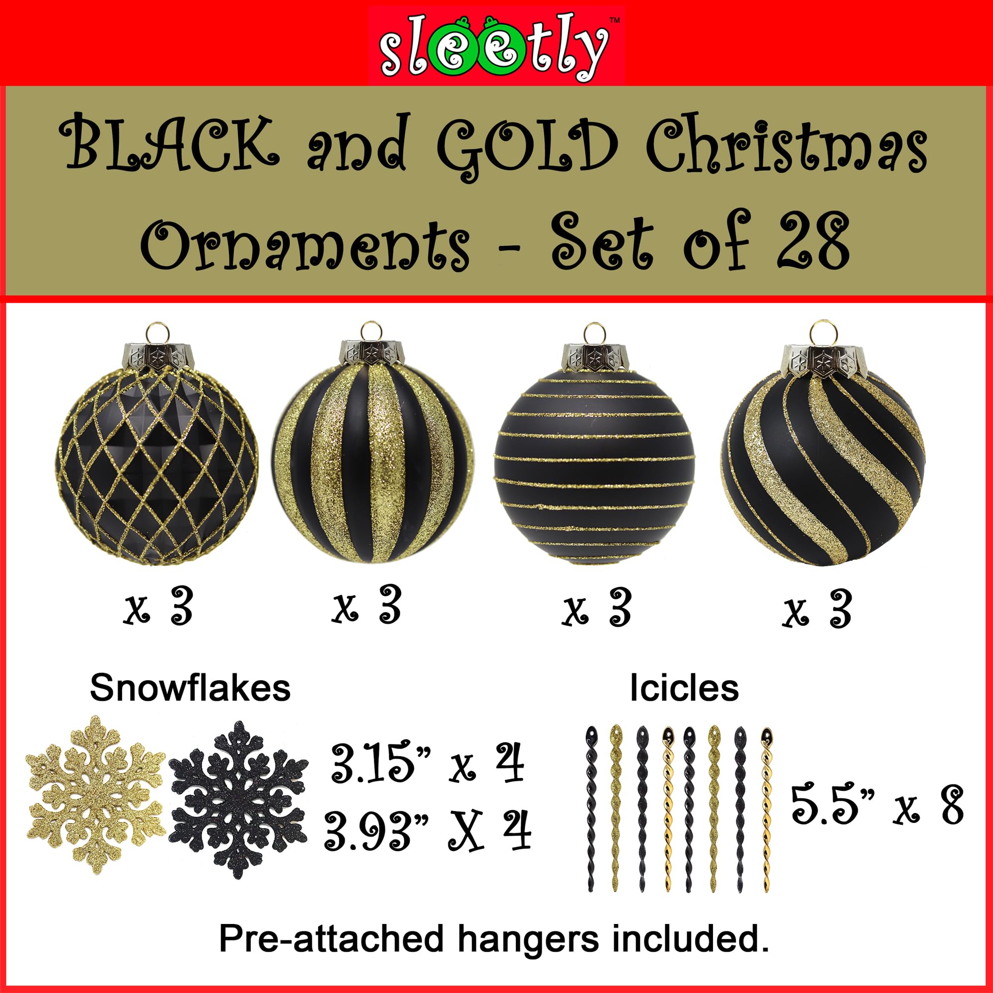 28pk Black Gold Christmas Baubles for Tree Decorations - Holiday Xmas Shatterproof Plastic Ball Ornaments, Icicles and Snowflakes Set