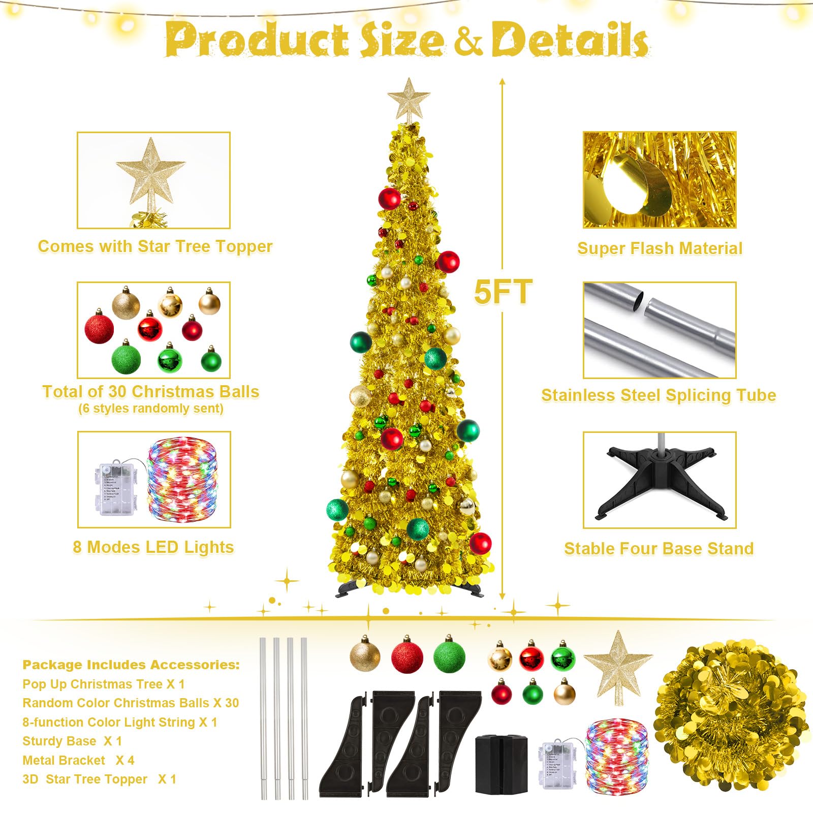 MACTING - Albero di Natale pieghevole, 1,5 m, con supporto per decorazioni natalizie, decorazione casa, ufficio (oro misto)