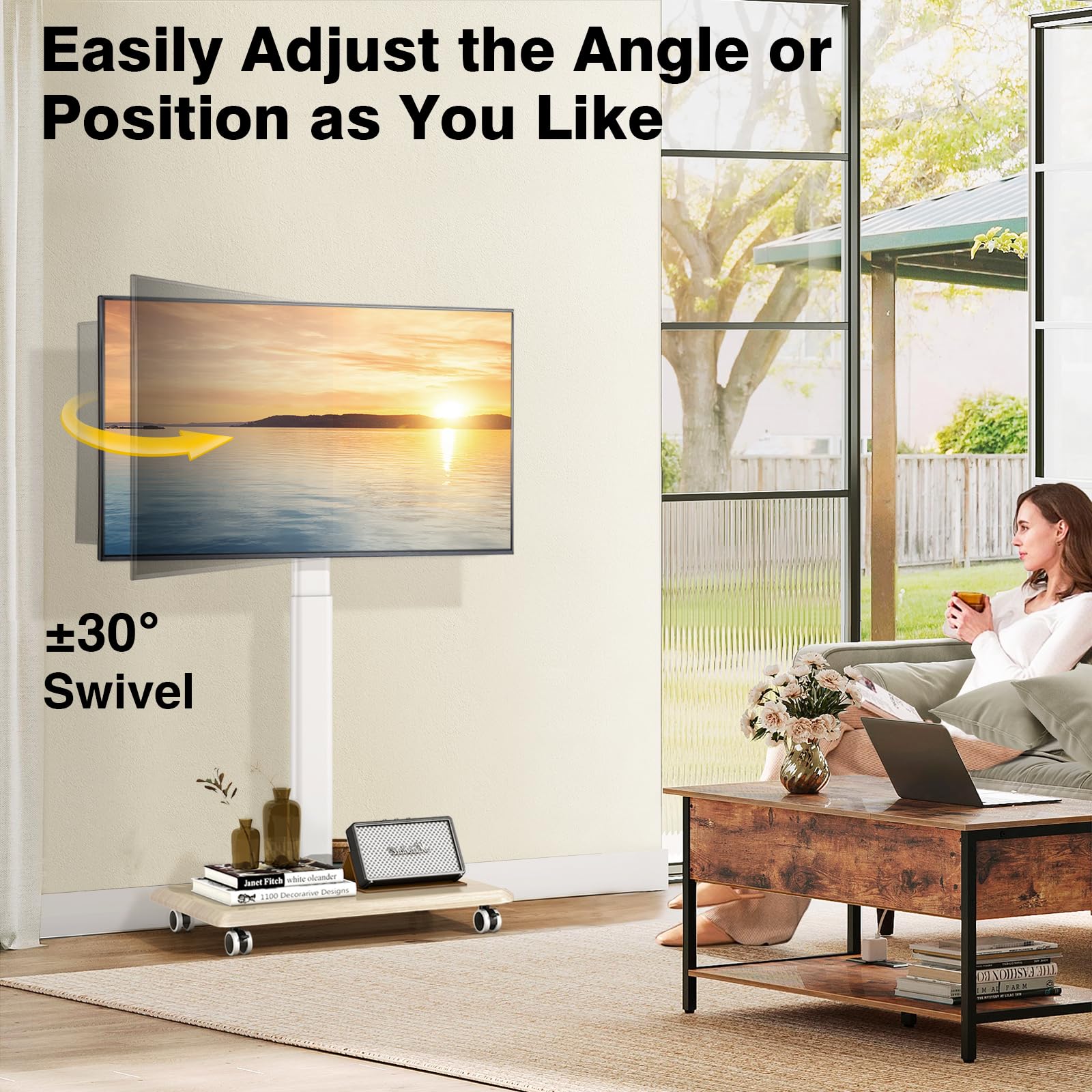 TVON Support TV sur Pied roulettes Pied TV Universel Blanc et Bois pour Télé de 32 à 65 Pouces, Réglable en Hauteur Support TV Orientable TV sur Pied Jusqu 'à 40 kg, Max VESA 400x400mm