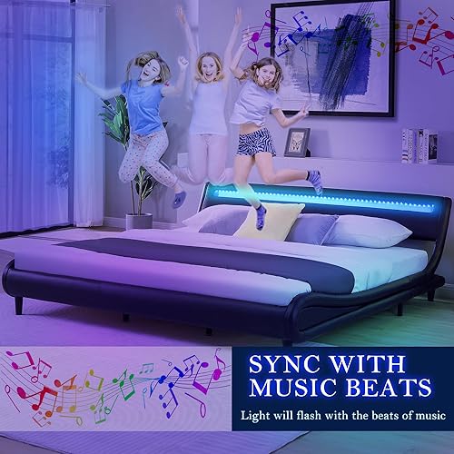 Miniatura 5 de Marco de cama tapizado moderno con luces LED, base de cama LED curva similar a la onda con cabecero de piel sintética, marco de cama de perfil bajo,