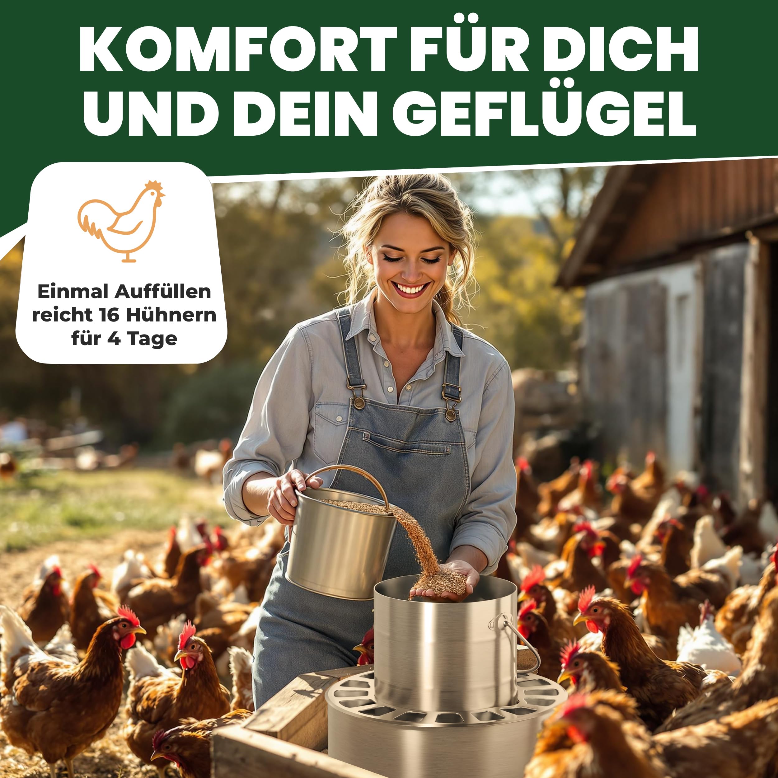 Edelstahl Futterautomat Hühner (4L / 8L / 12L Volumen) I Spart bis zu 40% Futter I aufhängbar & rattensicher I Abnehmbares klick-Gitter I Spülmaschinengeeignet I frei von scharfen Kanten