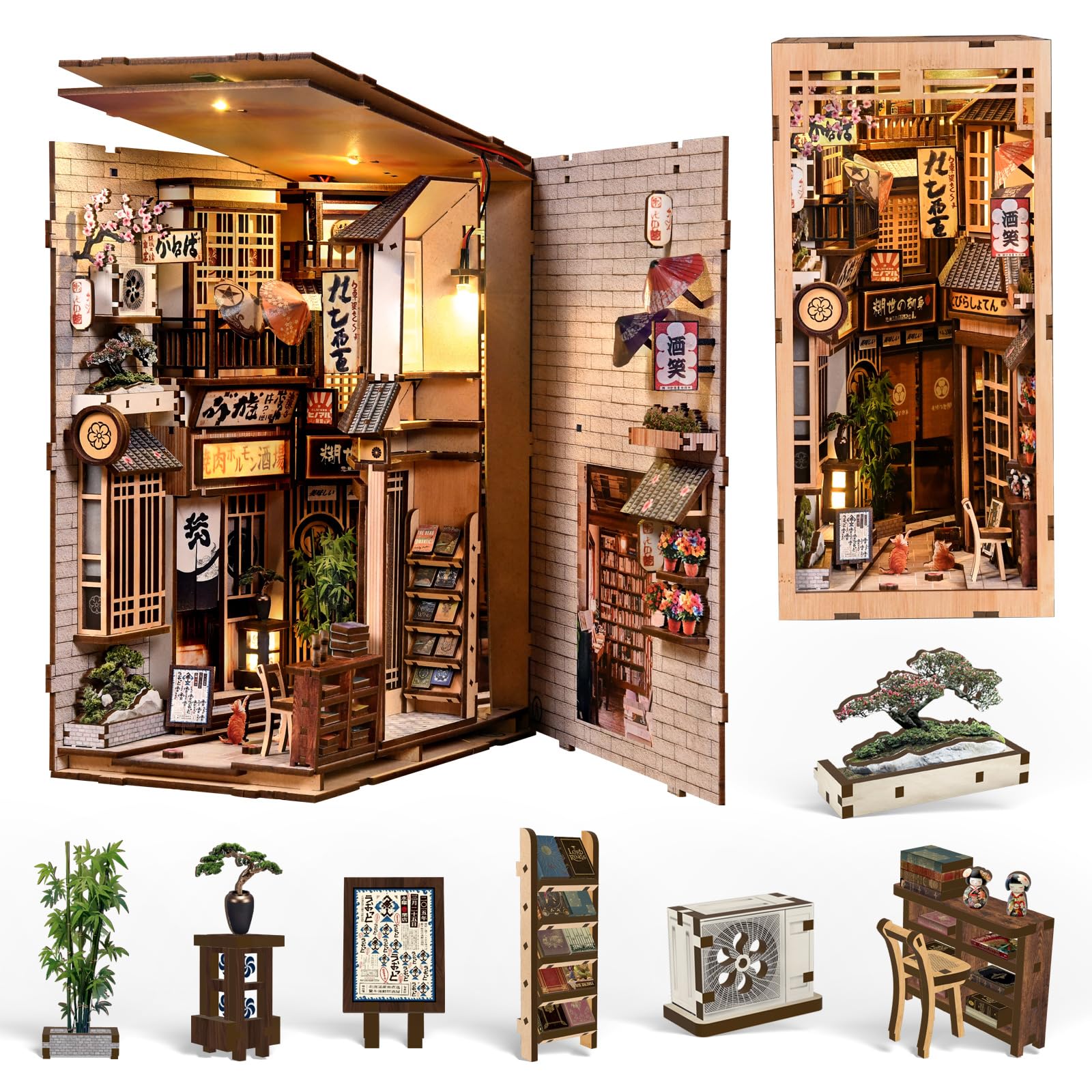 Book Nook Kit para niños y Adultos, Modelo de Estilo japonés The Alley Waiting for The Cat,Miniatura Puzzle 3D de Madera con Luz LED,Creativa Decoración Hogareña y Regalo Original