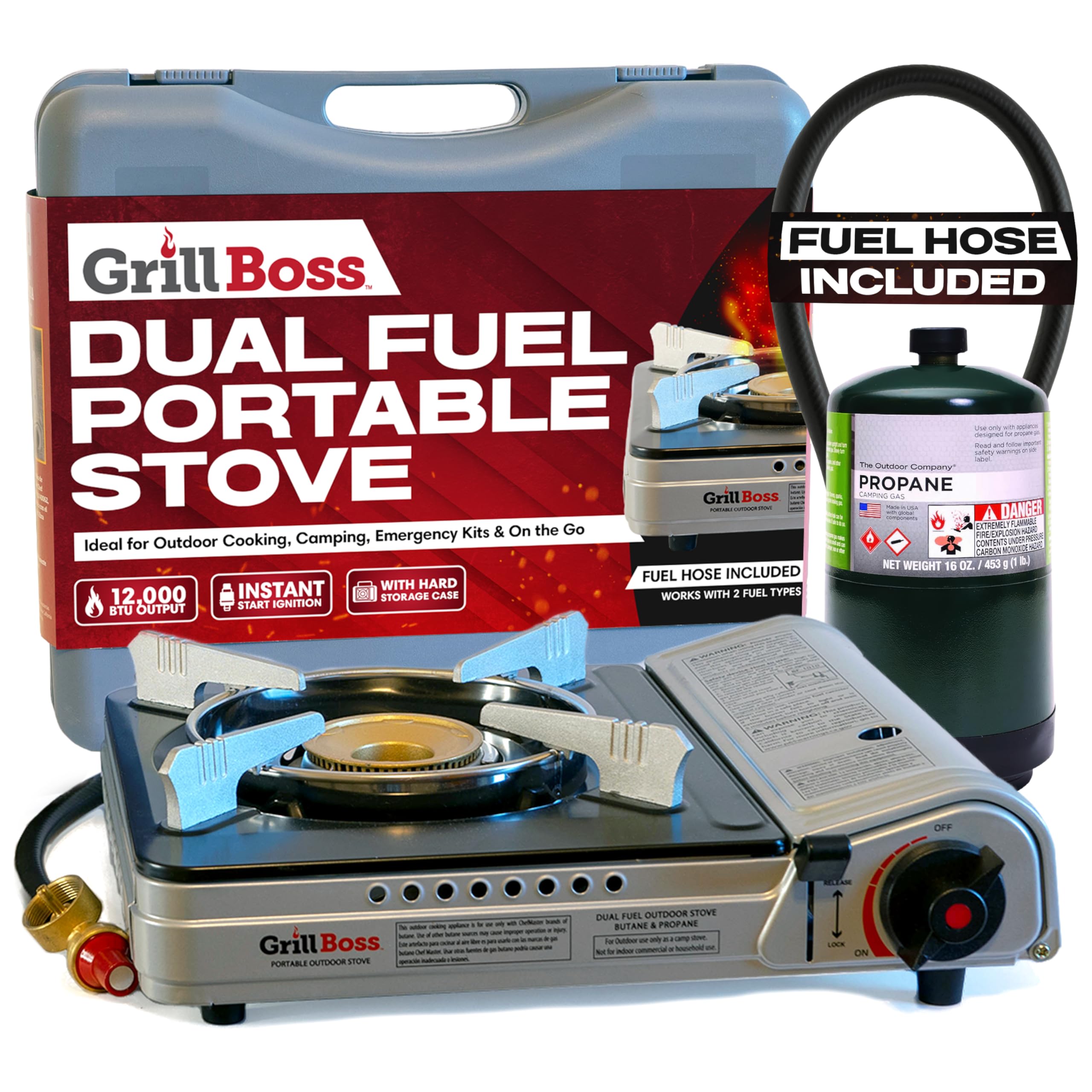 Grill Boss Dual Fuel Portable Stove, Dual Fuel Butane & Propane Stoves, 12K BTU Butane Camp Stove & Propane Portable Camping Stoves for Emergencies, Outdoor BBQ, Cooking, Hikings & Backpacking - 90057