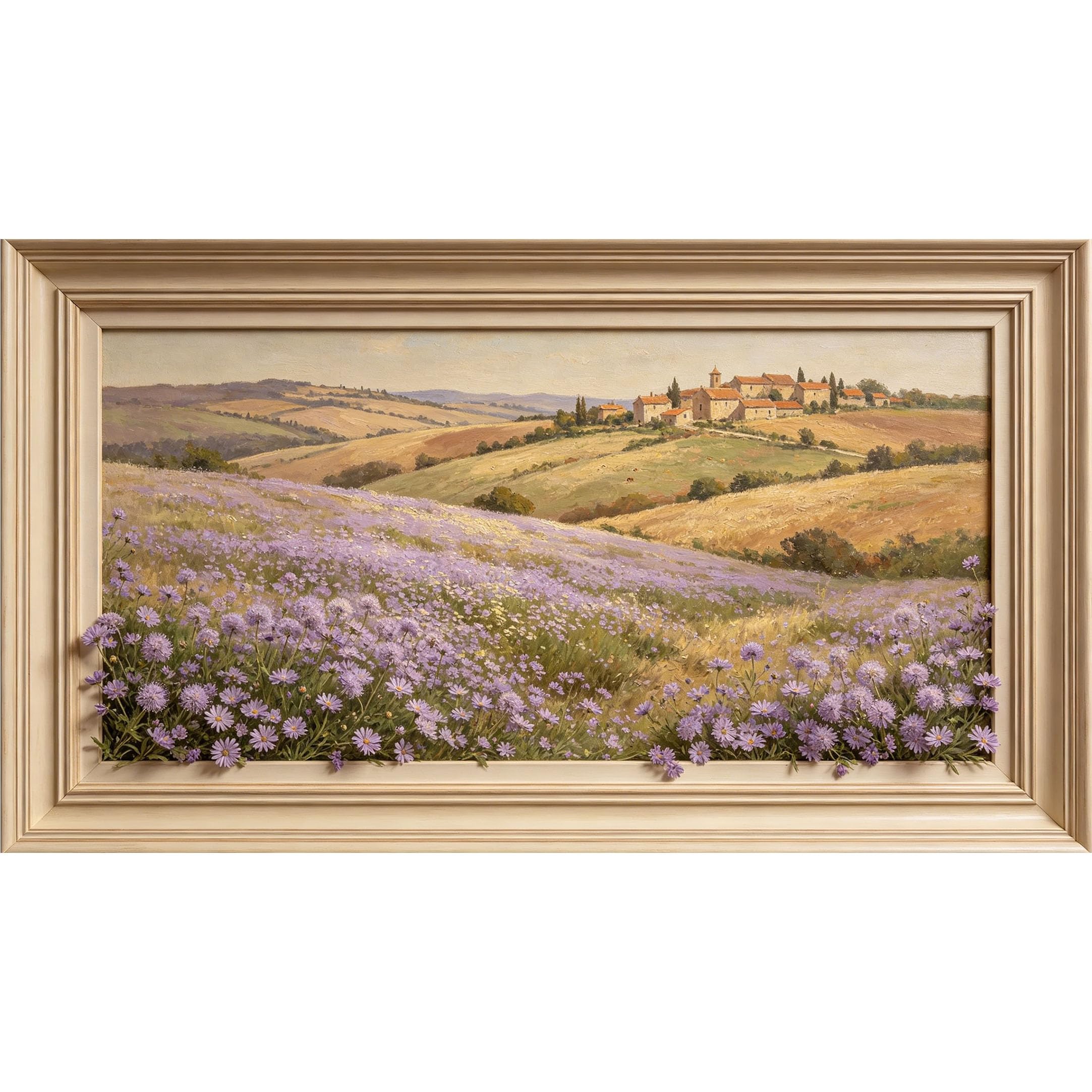 QZLITHOTIC 50×90cm3D Framed Wall Art， Tuscan Landscape Lavender Field Oil Painting Self?Adhesive Mural， Water?Activated Peel & Stick Fabric Decor Wall Decal for Bedroom Living Room