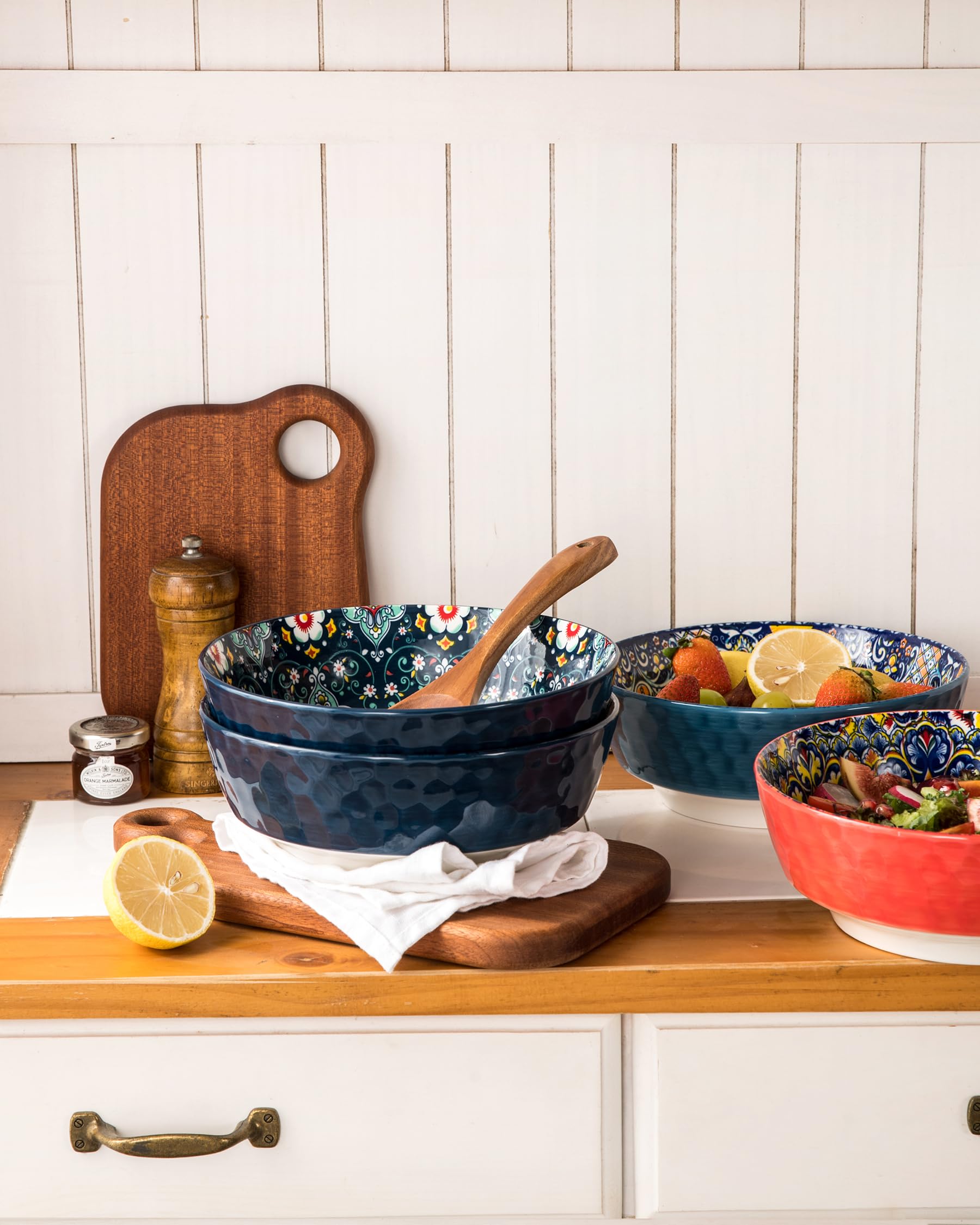 HENXFEN LEAD 2 Stück Salatschüssel aus Porzellan, 1440ml Servierschüsseln, Große Schüsseln für Nudeln, Salat, Suppe, Haferflocken usw. Bunte - Bohemian Style