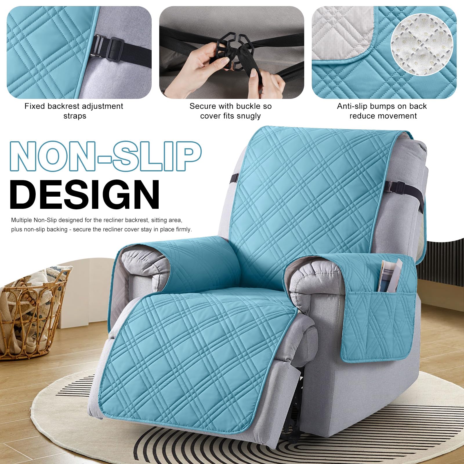 TAOCOCO 100% Waterproof Recliner Chair Cover, Non Slip Recliner Covers for Recliner Chair with Pocket, Washable Reclining Chair Cover Furniture Protector for Kids, Pets(23.6'', Sky Blue) 4