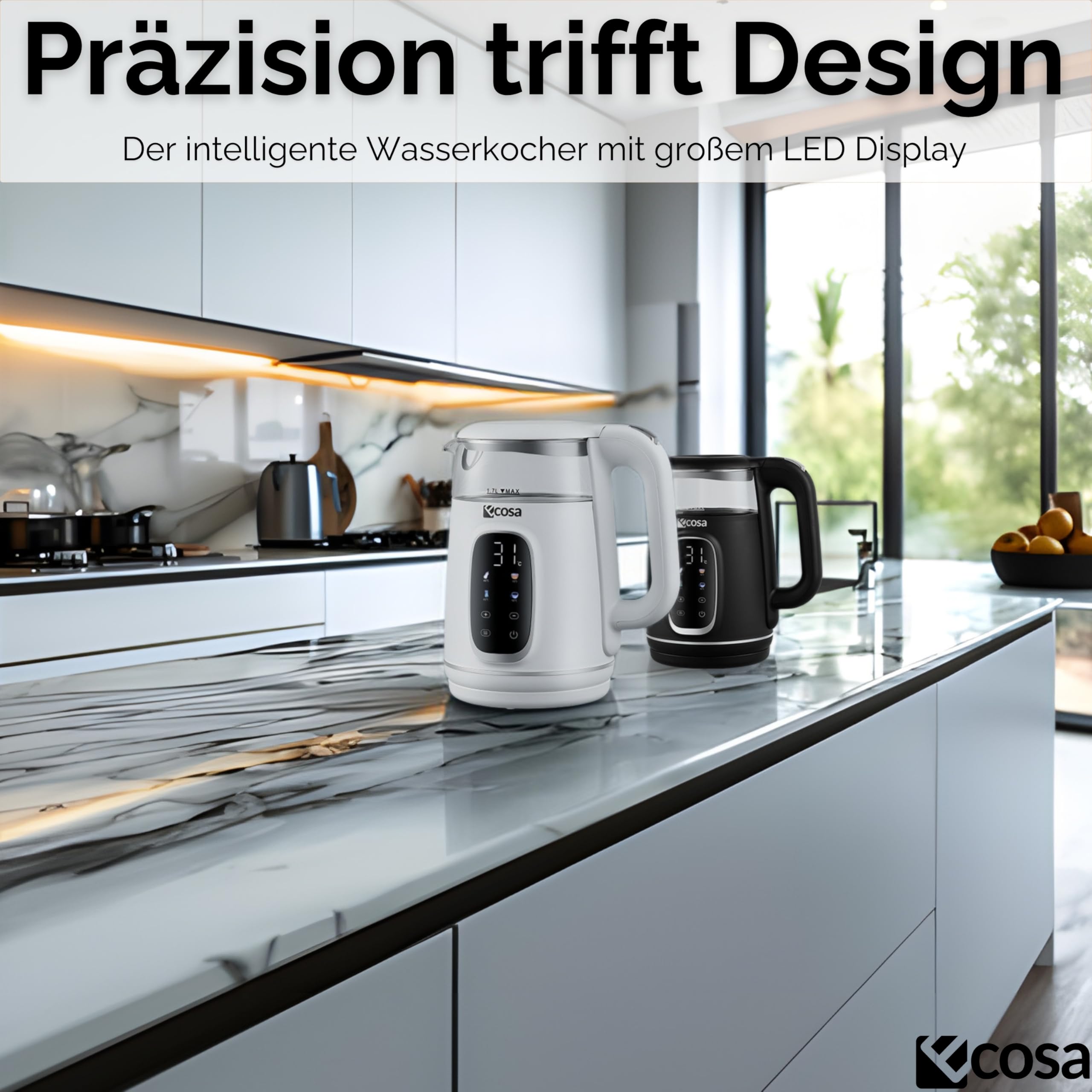 Ecosa® Wasserkocher mit Temperatureinstellung Glas Edelstahl - Teekocher - 1,7 Liter 2.200 Watt - BPA Frei mit Temperaturwahl 40°C-100°C - Warmhaltefunktion LED Beleuchtung (Black Pearl)