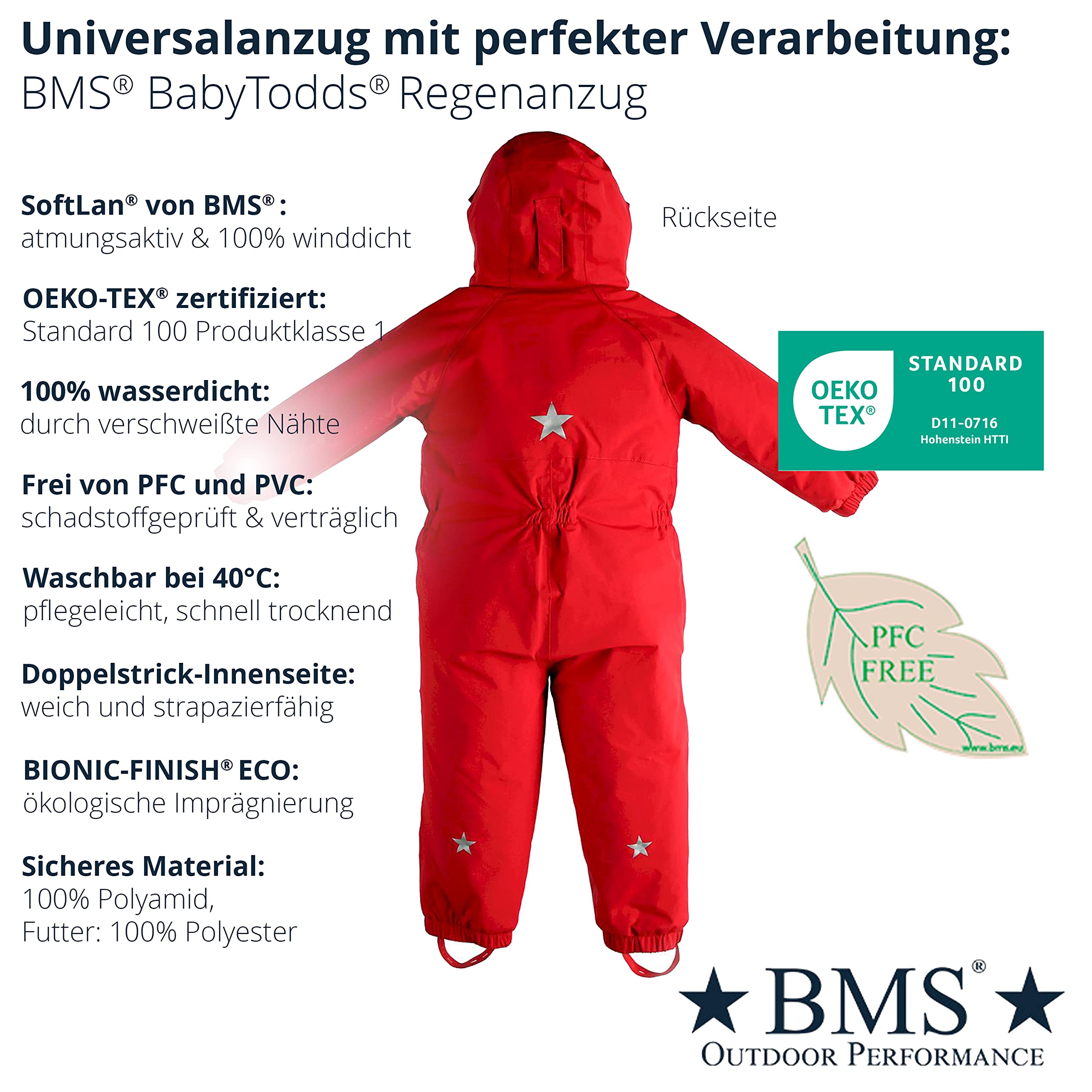 BMS® BabyTodds, wasserdichter Regenanzug für Kinder, idealer Overall, 100% wasserdicht, besonders atmungsaktiv dank SoftLan,Oeko-Tex, strapazierfähig, langlebig für Mädchen, Jungen