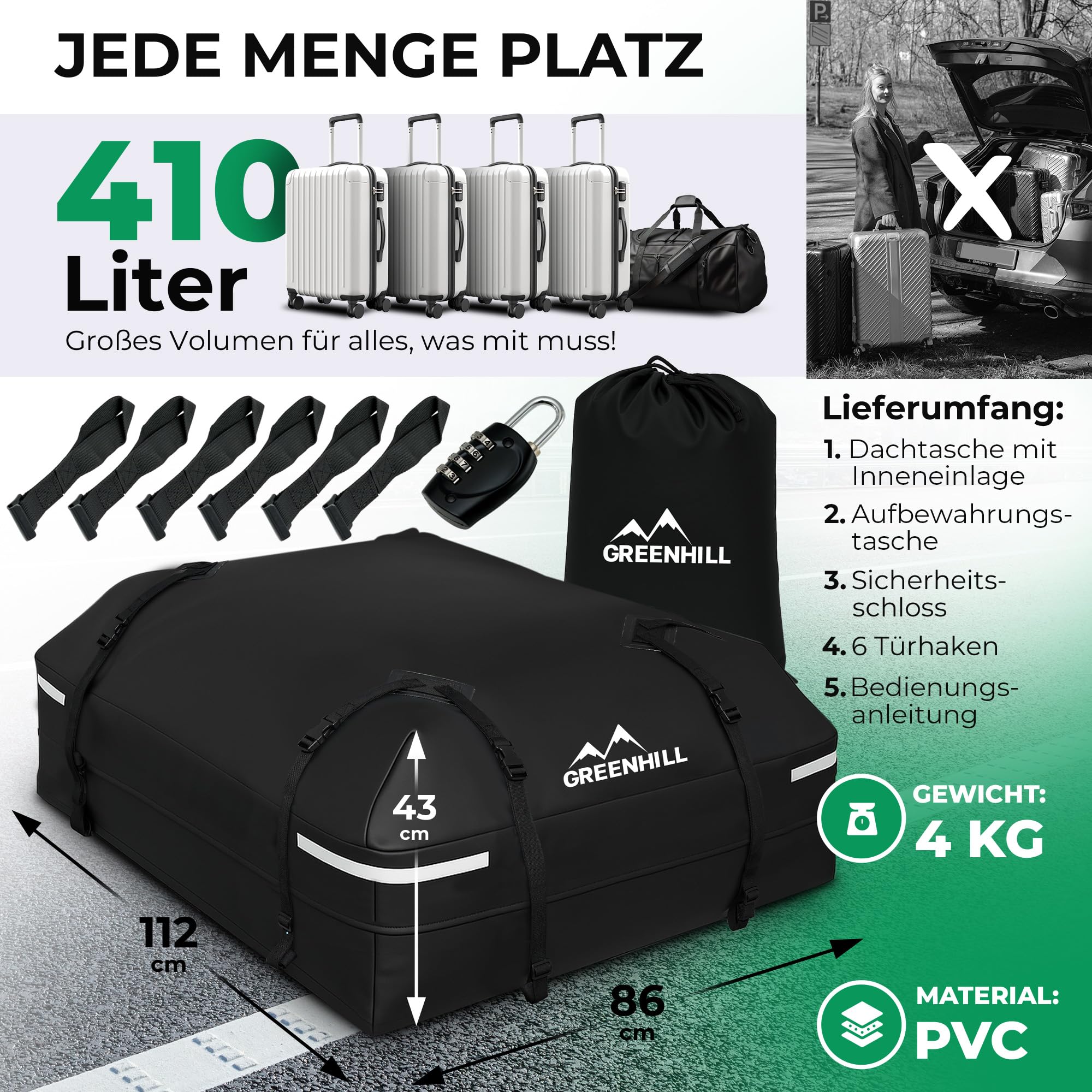 GREENHILL Auto Dachbox 410L Faltbar [Lackschonend], Dachgepäckträger wasserdicht, Dachtasche passend für alle Fahrzeuge