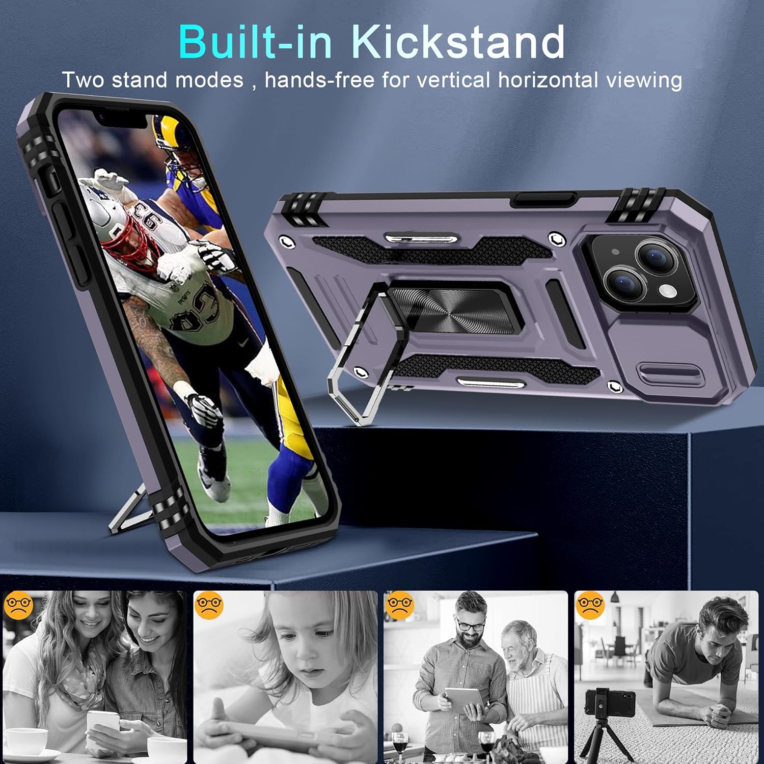 DEERLAMN Case for iPhone 14 Plus with Slide Camera Cover+Screen Protector(1 Pack), Rotated Ring Kickstand Military Grade Shockproof Protective Cover 6.7 Inch-Deep Purple - Image 5