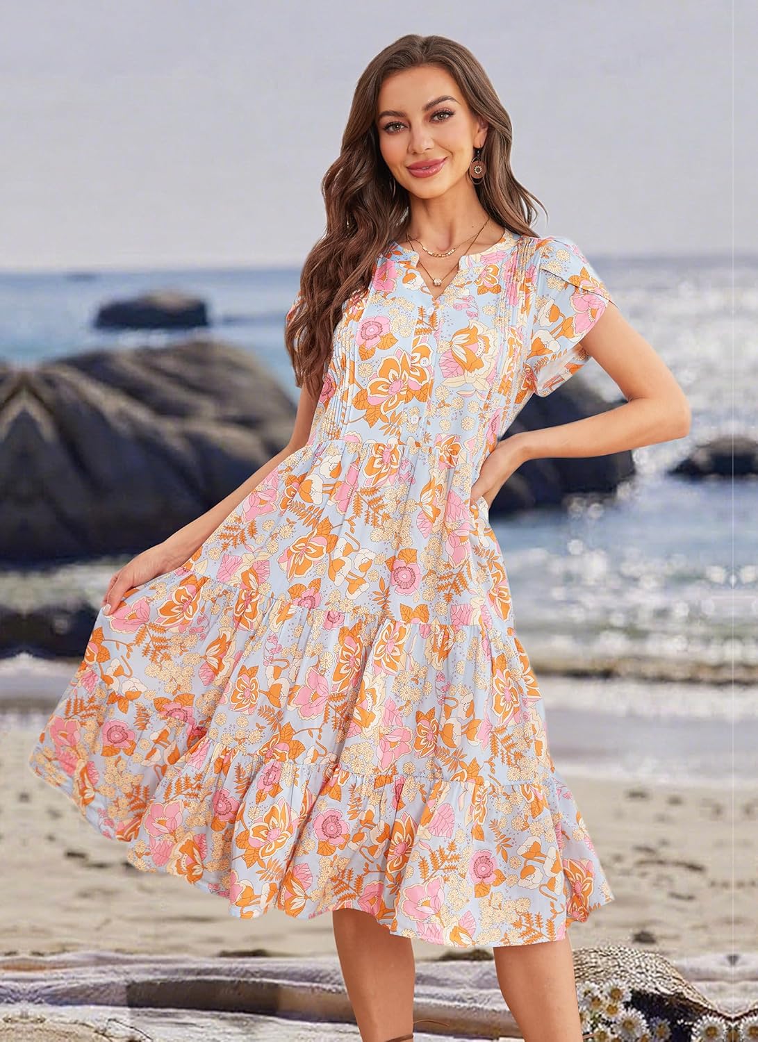 Fashionme Womens Summer Dresses Casual Petal Sleeve Floral Patchwork Knee Length V Neck Tiered Button Down with Pockets - Image 6