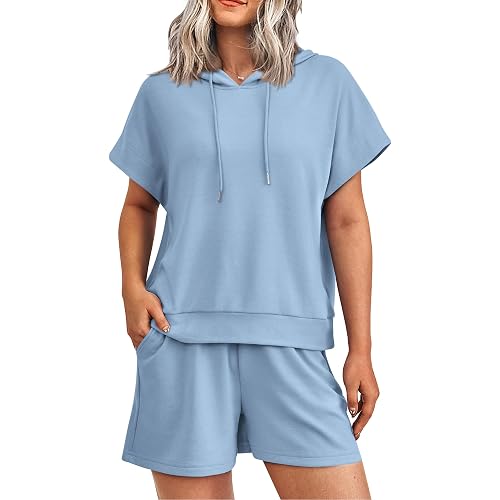 PRETTYGARDEN Women's 2 Piece Outfits Summer Cap Sleeve Hoodie Tops And Lounge Shorts Sweatsuits Sets