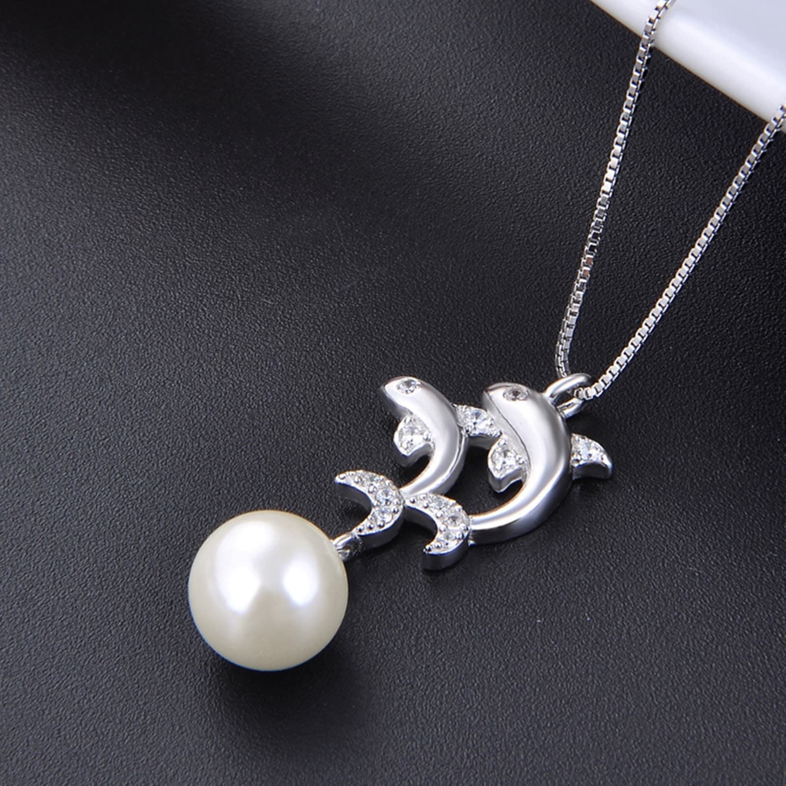 HLTYGWX Halskette aus 925er-Silber, Delfin-Halskette für Damen, runde Perlen-Box-Kette aus Metall