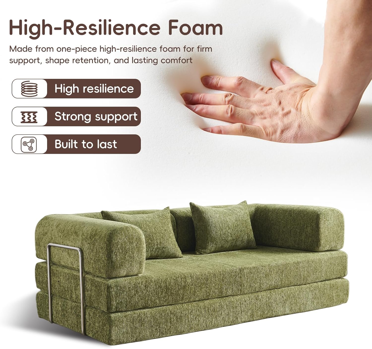 5-in-1 Convertible Folding Sofa Bed, 79" Queen Chenille Boneless Couch with Removable Armrests, No Assembly Loveseat Sleeper Sofa, Modular Futon Couch for Living Room & Bedroom (Olive Green)