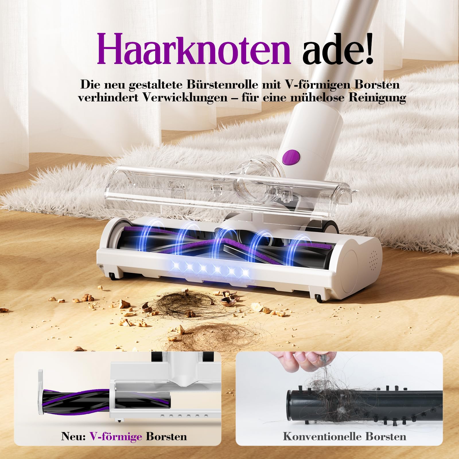 Akku Staubsauger 45000Pa, 60Min, nur 1,75 kg, 6-in-1 Staubsauger Kabellos mit Touchscreen, LED-Leuchten, Anti-Tangle-Bürste & Ladestation, 7-Schicht-Filtration für Tierhaare, Teppiche, Hartböden, Auto