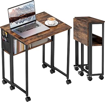 HOMCOM Folding Table with Storage Compartment and Bag 63 cm Foldable Computer Desk for Small Spaces Space Saving Desk on Wheels for Home Office Bedroom Easy Assembly Rustic Brown