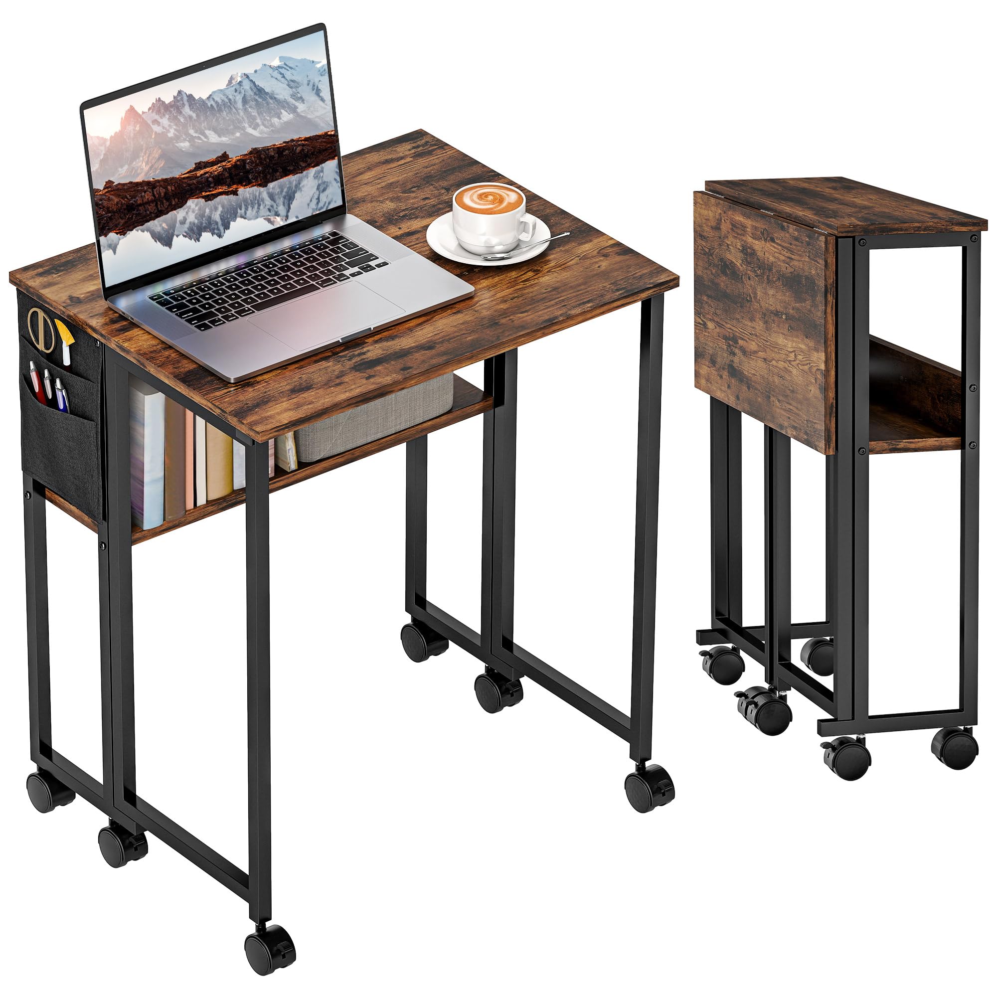 Homcom Brown 63 Cm Foldable Computer Desk On Wheels For Small Spaces Rustic