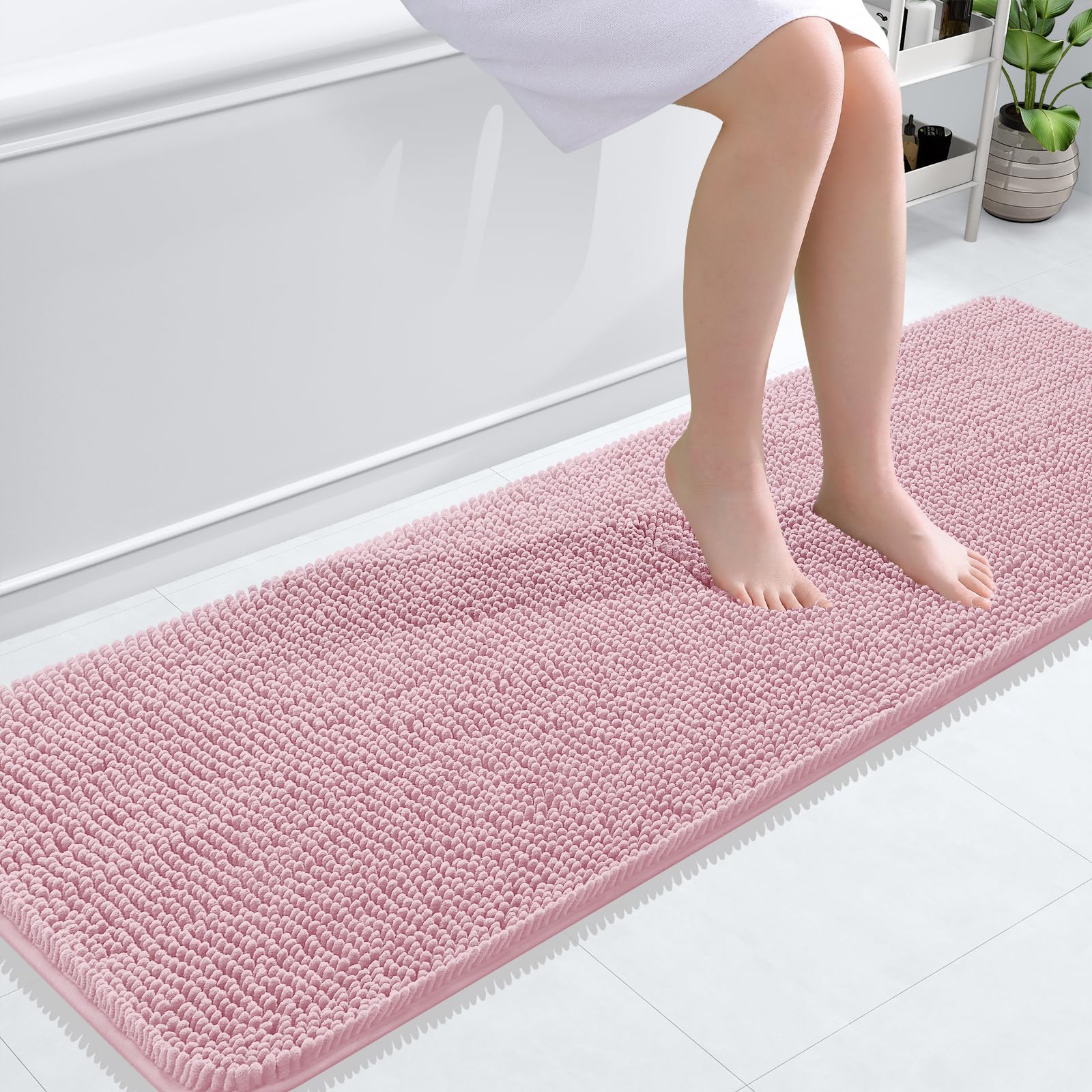 OLANLY Bathroom Runner Rugs 59x20, Extra Soft Absorbent Chenille Bath Rugs | Dusty Rose, Quick-Drying Rubber Backing, Washable Long Bath Mat for Bathroom Floor, Tub and Shower, Home Decor Accessories