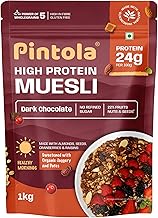 Pintola High Protein Muesli Dark Chocolate & Cranberry 1kg, 24g Protein, High Fibre, Trans Fat Free with Brown Sugar, Real Fruits, Muesli for Breakfast Food, Muselies Fruit Nuts and Seeds 1 kg