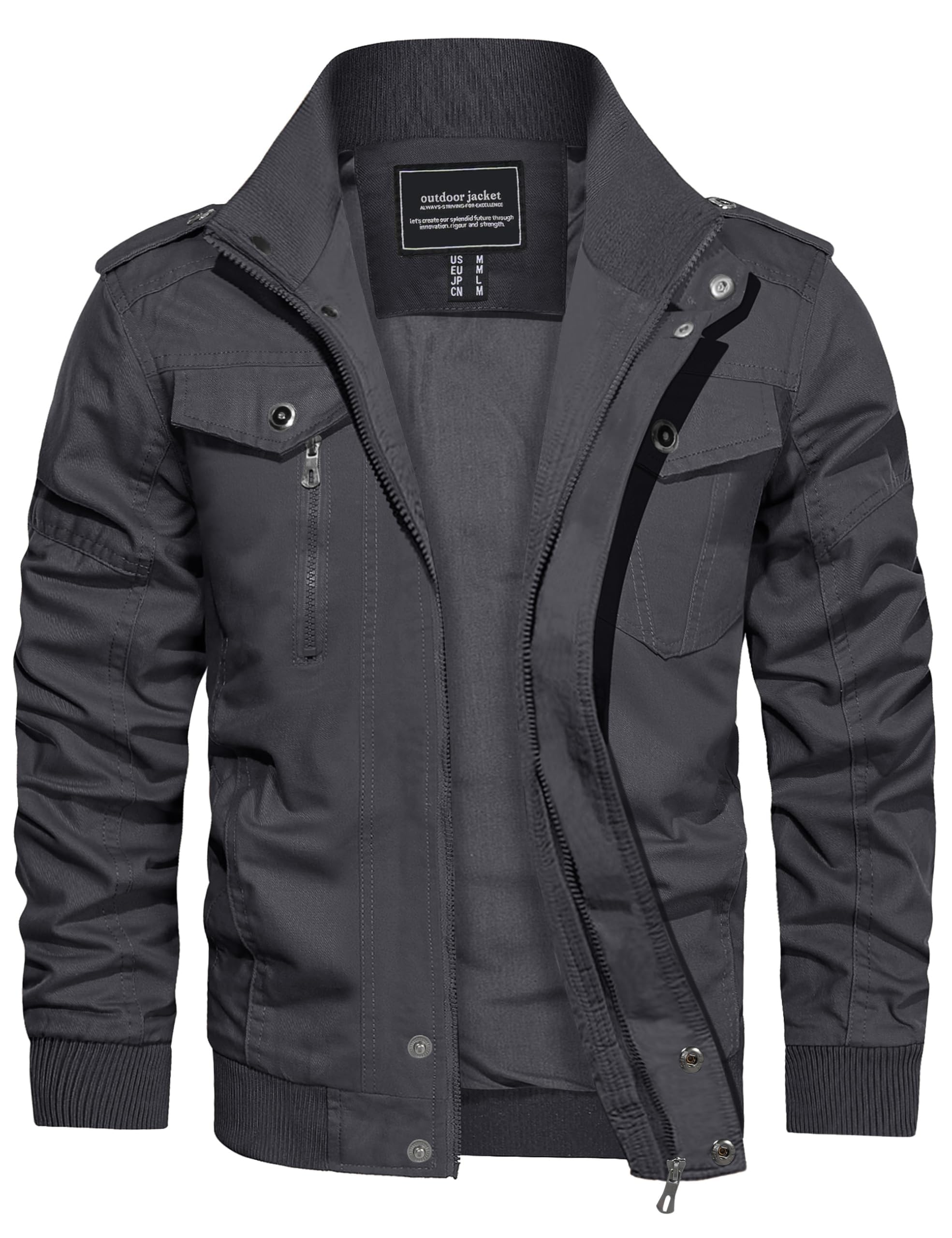 CRYSULLY Men's Cotton Military Jacket Lightweight Casual Windbreaker Stand Collar Bomber Jackets Coat with Multi Pockets