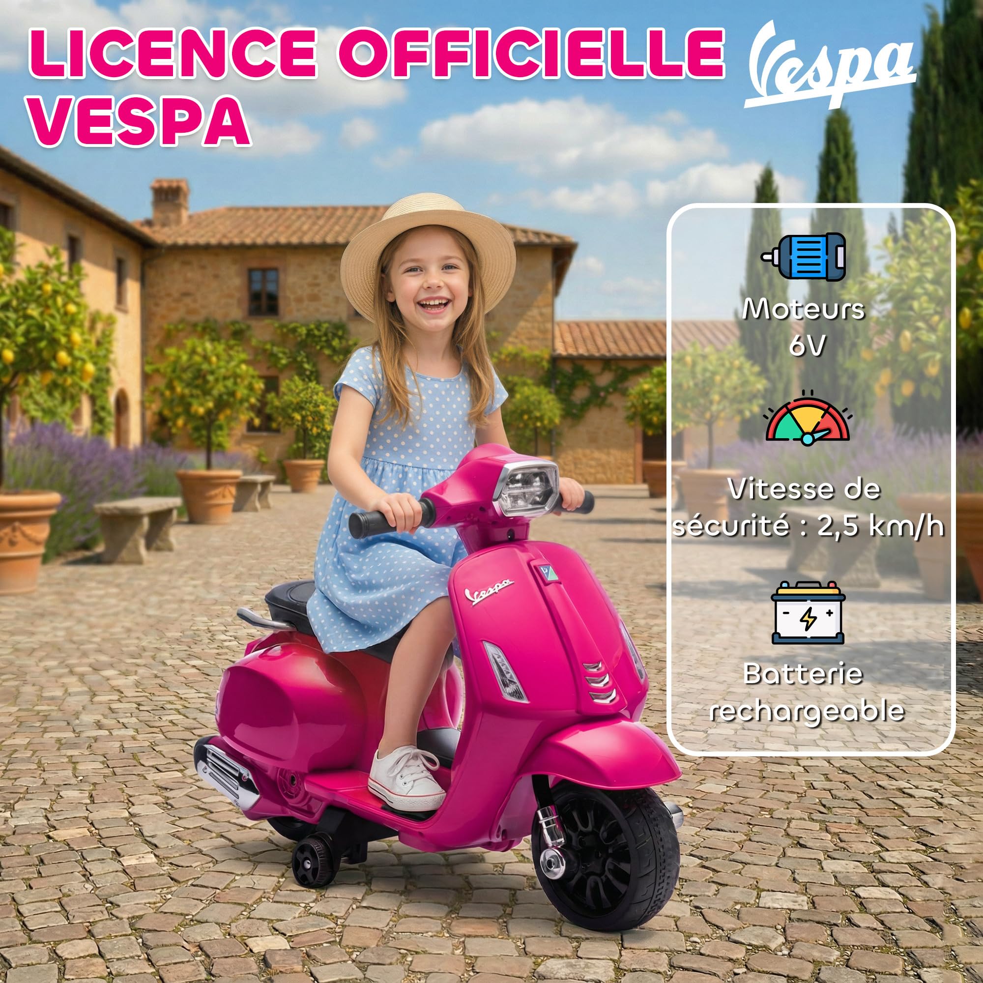 AIYAPLAY Moto Électrique Enfants 6 V, Voiture Électrique avec Roues d'apprentissage de 17,5 cm, Vitesse 2,5 km/h, Phare et Klaxon, pour 2-4 Ans, Rose - 3
