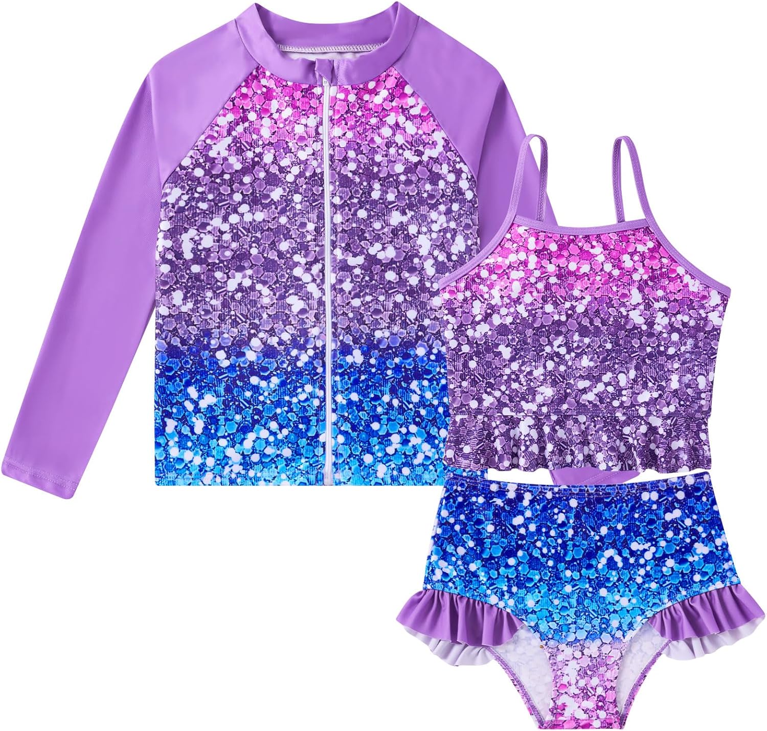 Funnycokid Girls Swimsuit Kids Bathing Suit 3-7 Years Rashguard Swimwear Long Sleeve 3 Piece Toddler