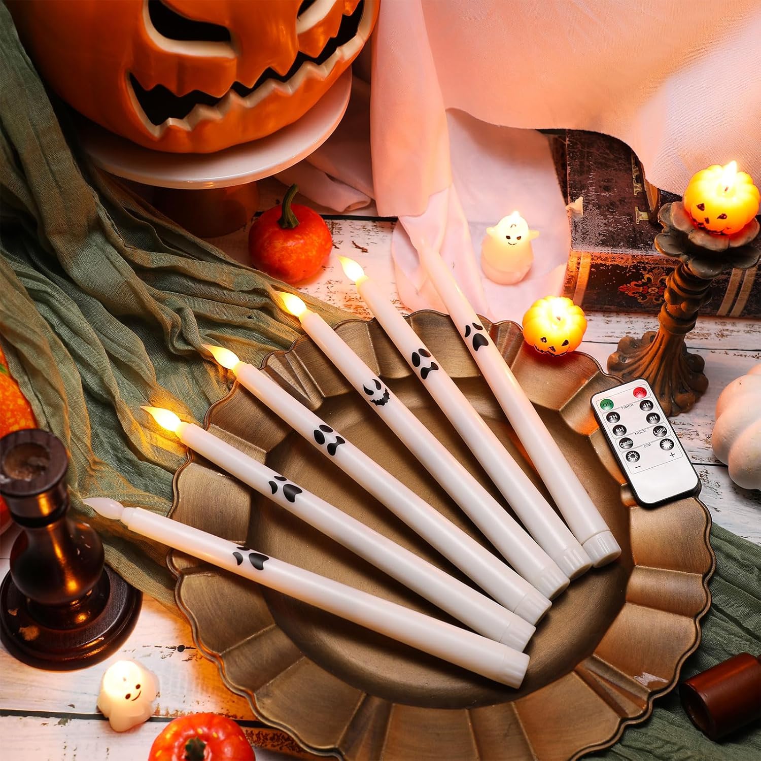 Glooglitter 12 Pcs Halloween Ghost Flameless Taper Candles 10.24'' LED Battery Operated with Remote and Timer, White Spooky Ghost Candle Real Wax for Halloween Party Indoor Table Fireplace Decoration