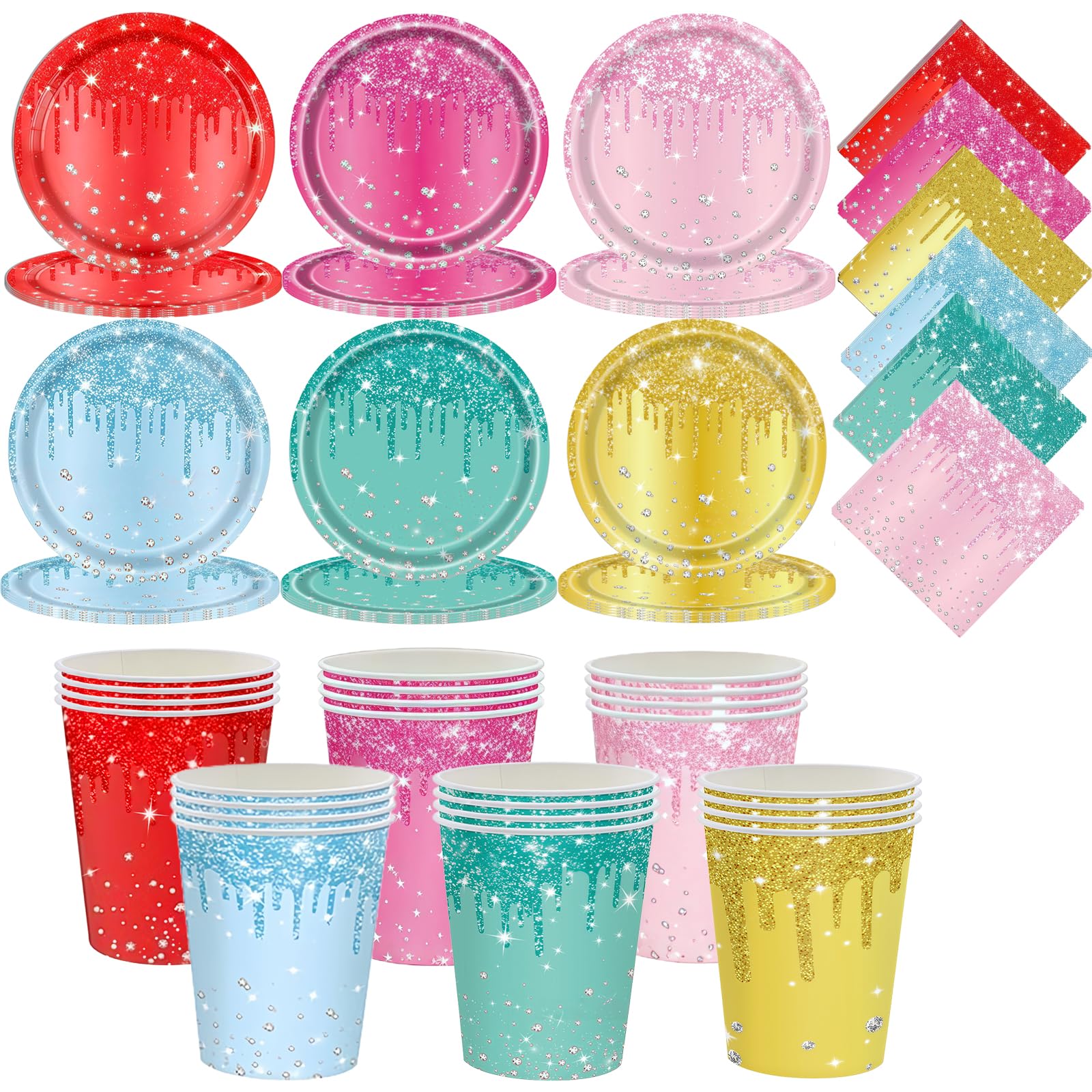 72 Pack Colorful Party Tableware Set,Multicolor Paper Plates,Cups,Napkins for Kids Adults,Sparkling Diamond Dinner Plates Luncheon Cocktail Napkins Cups for Birthday Party Supplies