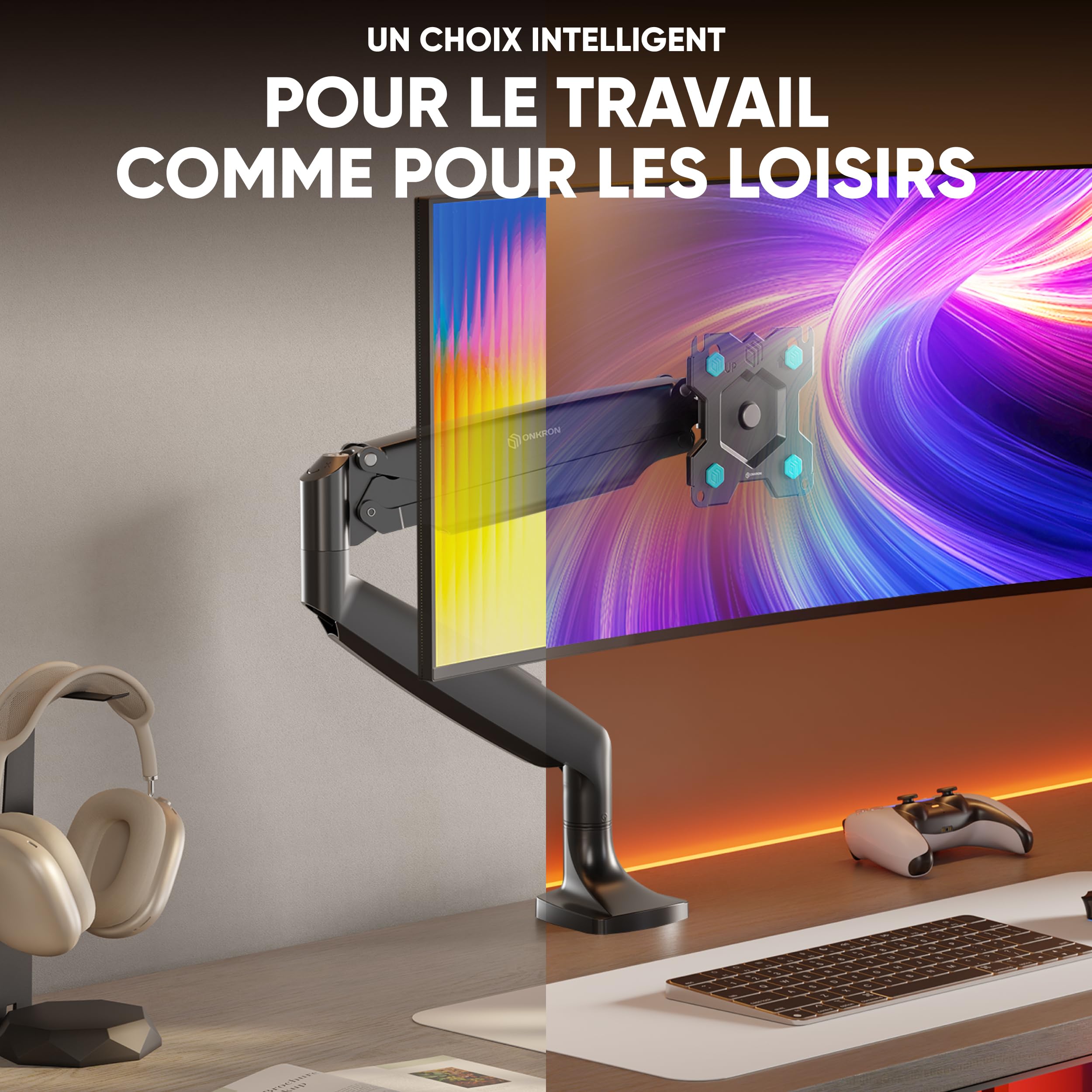 ONKRON Support Ecran PC pour 13-32 Pouces Charge 9 kg, Bras Articulé Écran VESA 75x75 & VESA 100x100, Support Écran Rotatif, Bras Ecran PC Bureau Ressort à Gaz, Monitor Arm Orientable Noir G100-B