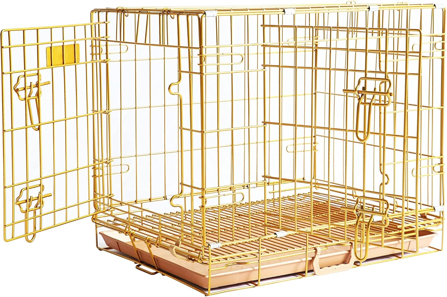 HOMEY PET Gold Color Folding Design Dog Crate Puppy Kennel with Removable Floor Grid and Pull Out Tray Gold 24" W/ Floor