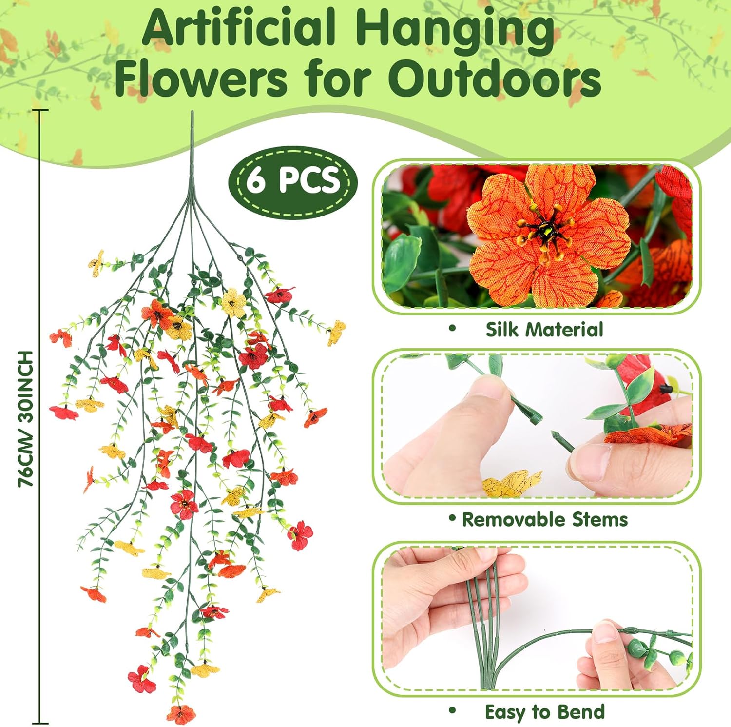 6 Pcs Spring Artificial Hanging Flowers Outdoor Faux Silk Mum Plant Decor Violet with Eucalyptus Realistic UV Resistant Trailing Vine Spring Porch Yard(Bright Color,Violet) - Image 2