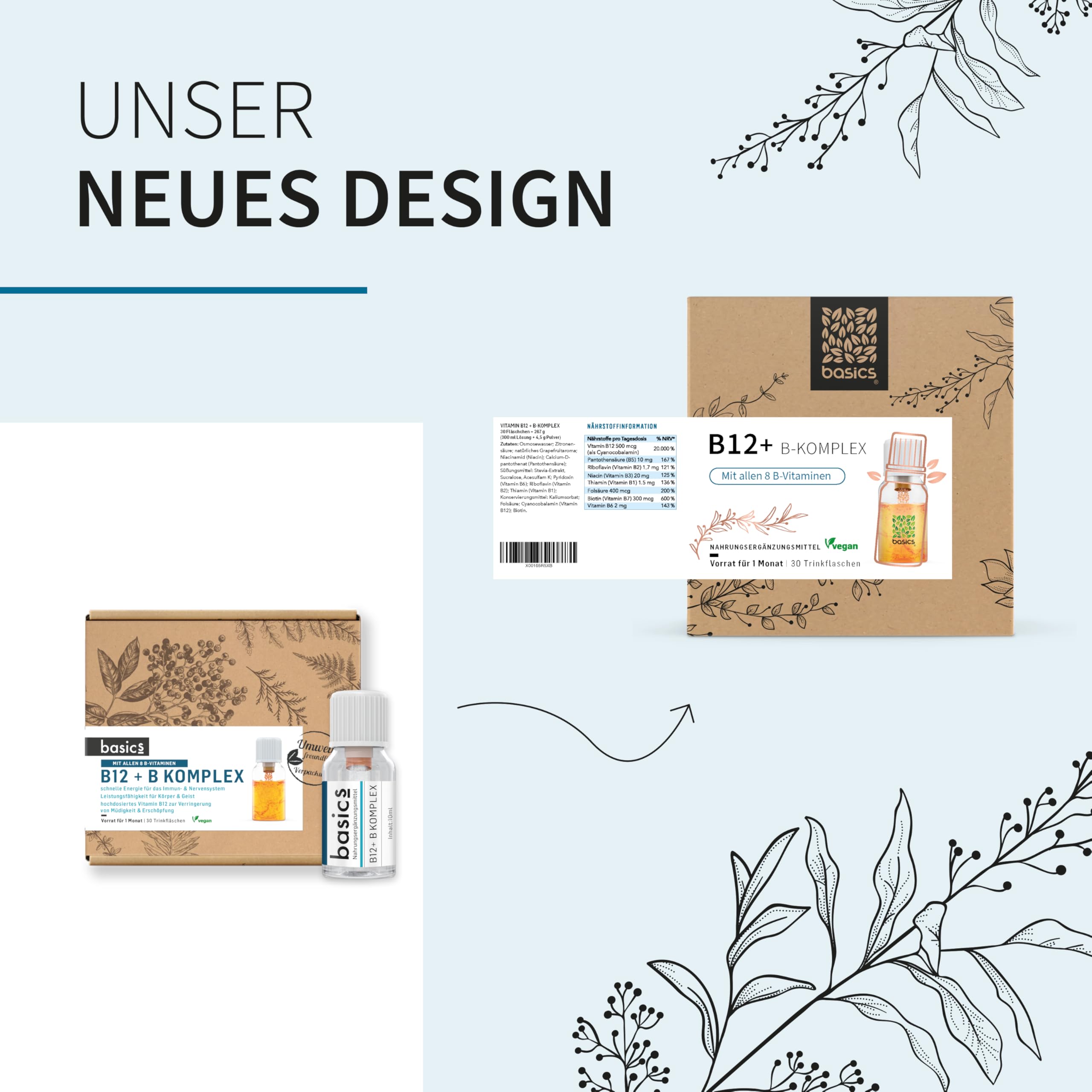 basics B12 + B-Komplex mit allen 8 B-Vitaminen - Hochdosiert mit 500mcg Vitamin B12 - für mehr Energie und Unterstützung des Nervensystems - 30 Trinkflaschen - 10ml pro Tagesdosis – Vegan - 4er Pack