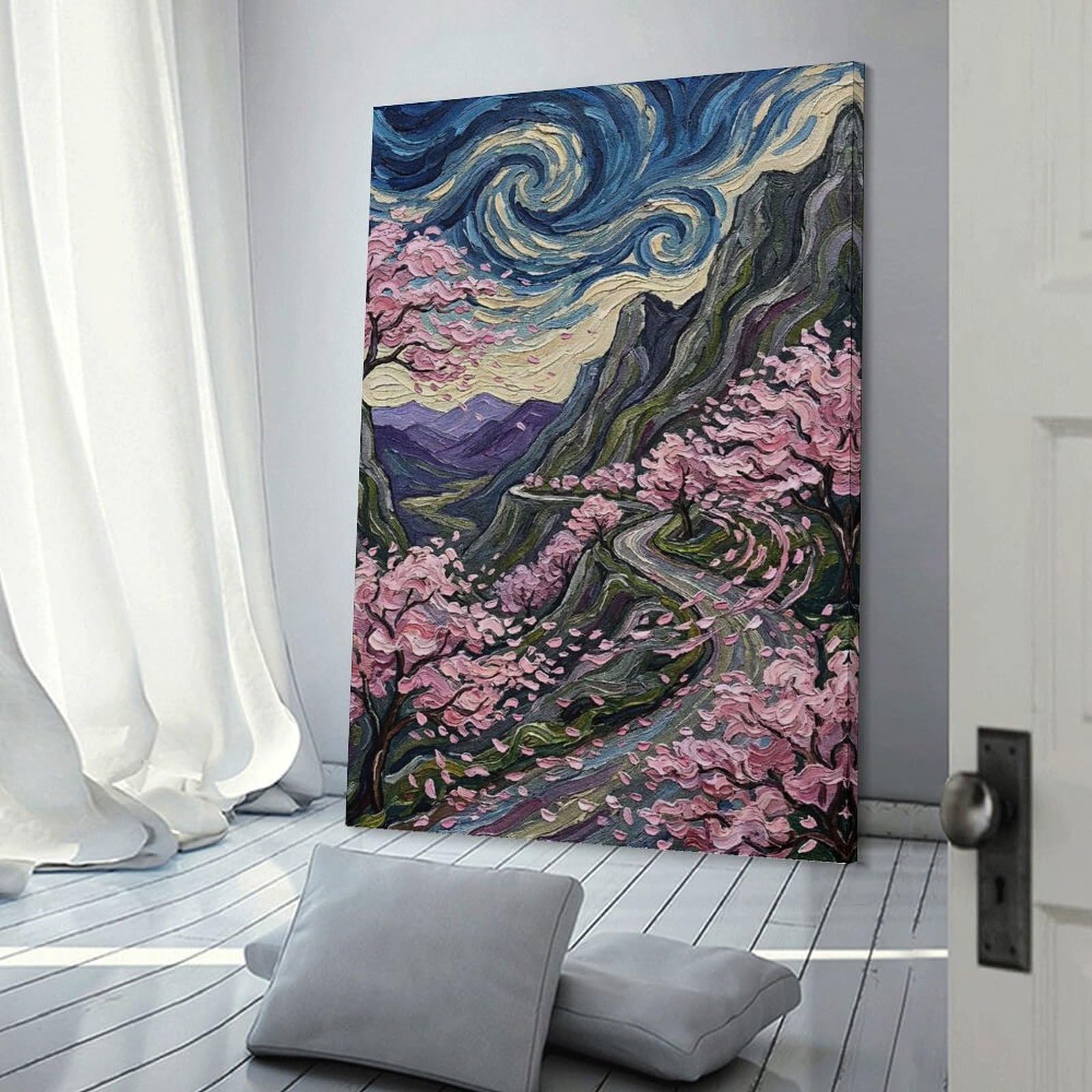 Junmoney Cherry Blossoms on A Winding Mountain Road Decorative Wall Artwork 20x30inch(50x75cm), for Home Lounge, Bedroom Or Reading Nook, Easy Decor for Gallery Walls
