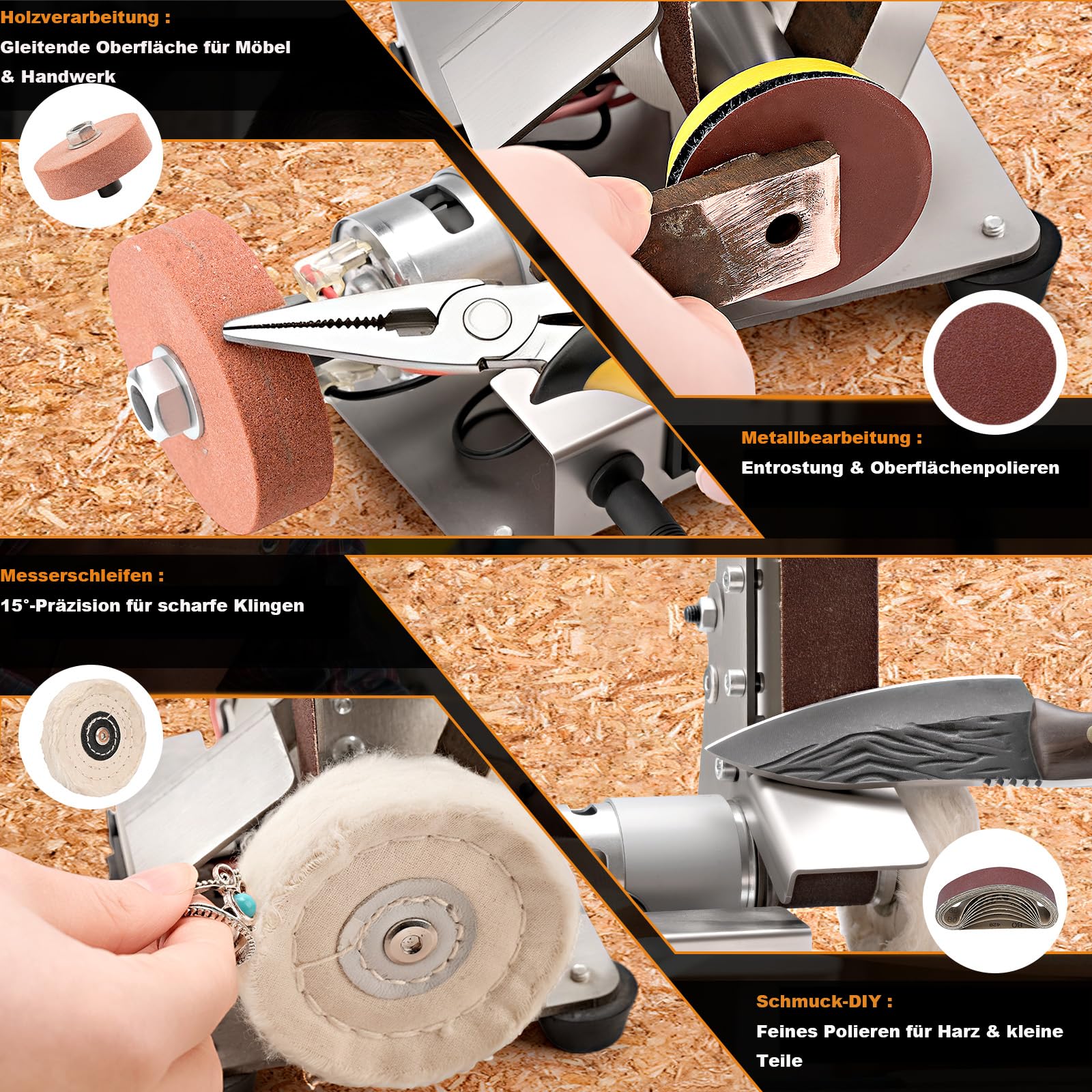 3-in-1 Mini-Bandpolierer mit 7-stufiger Geschwindigkeitsregelung & Niedrigem Lärmpegel – Zum Schleifen & Polieren von Metall, Werkzeugen, Holz & DIY-Projekten
