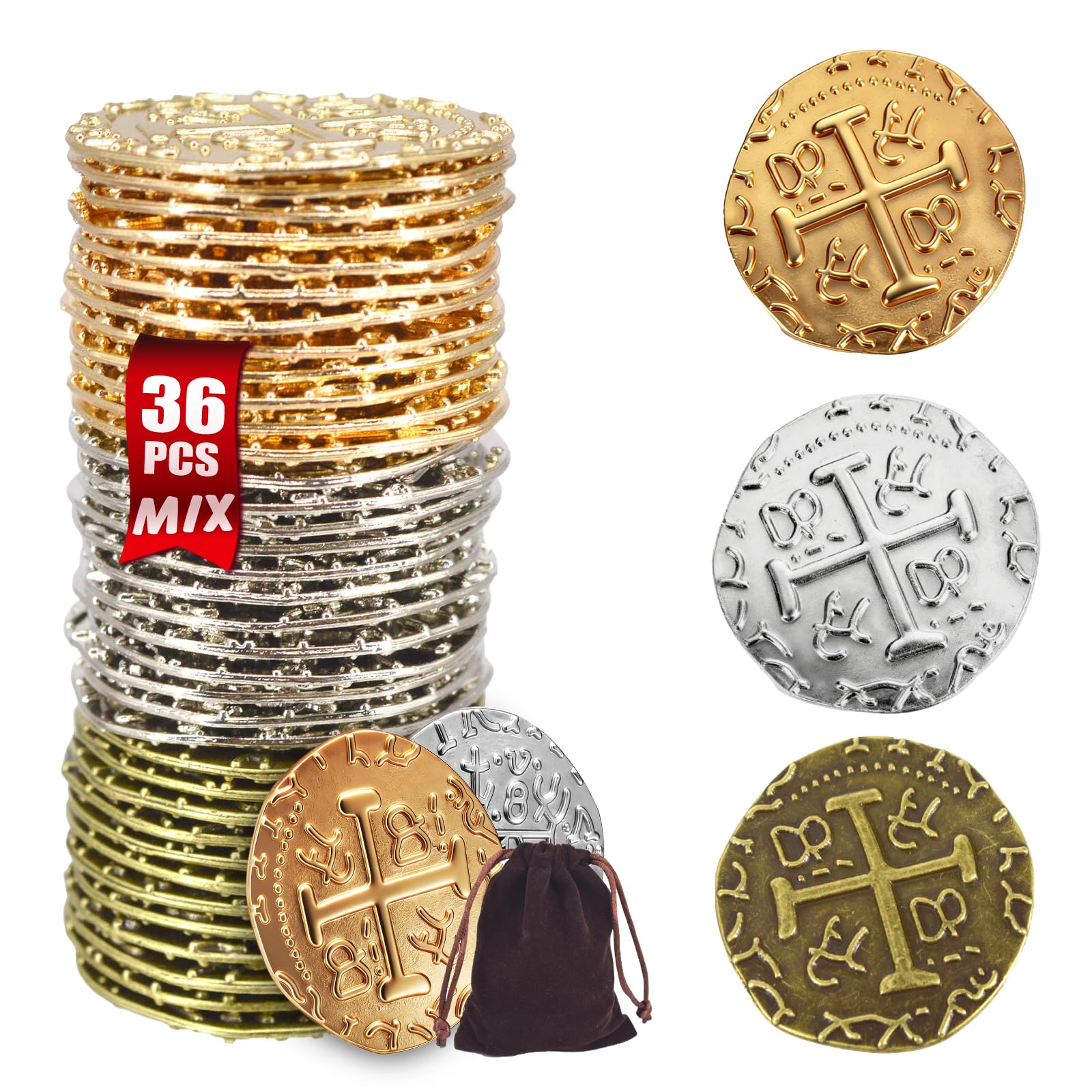 ZUCOS Piraten Münzen Zubehör,Goldmünzen-Set, Metall Goldtaler Deko Dublonen für DND Brettspiele, Cosplay, Realistische Mittelalter Geld-Imitation, Piratenschatz (Gold 12,Silver 12,Copper 12, Large)