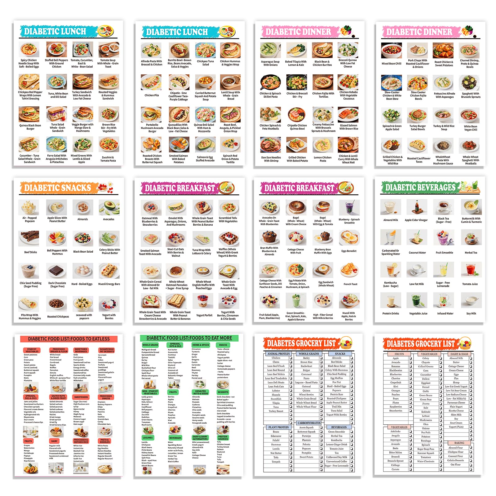 Lista de alimentos para la diabetes (12 unidades), tabla imprimible de alimentos para diabéticos y planificador de comidas para el control del azúcar en sangre, lista de alimentos bajos en carbohidratos