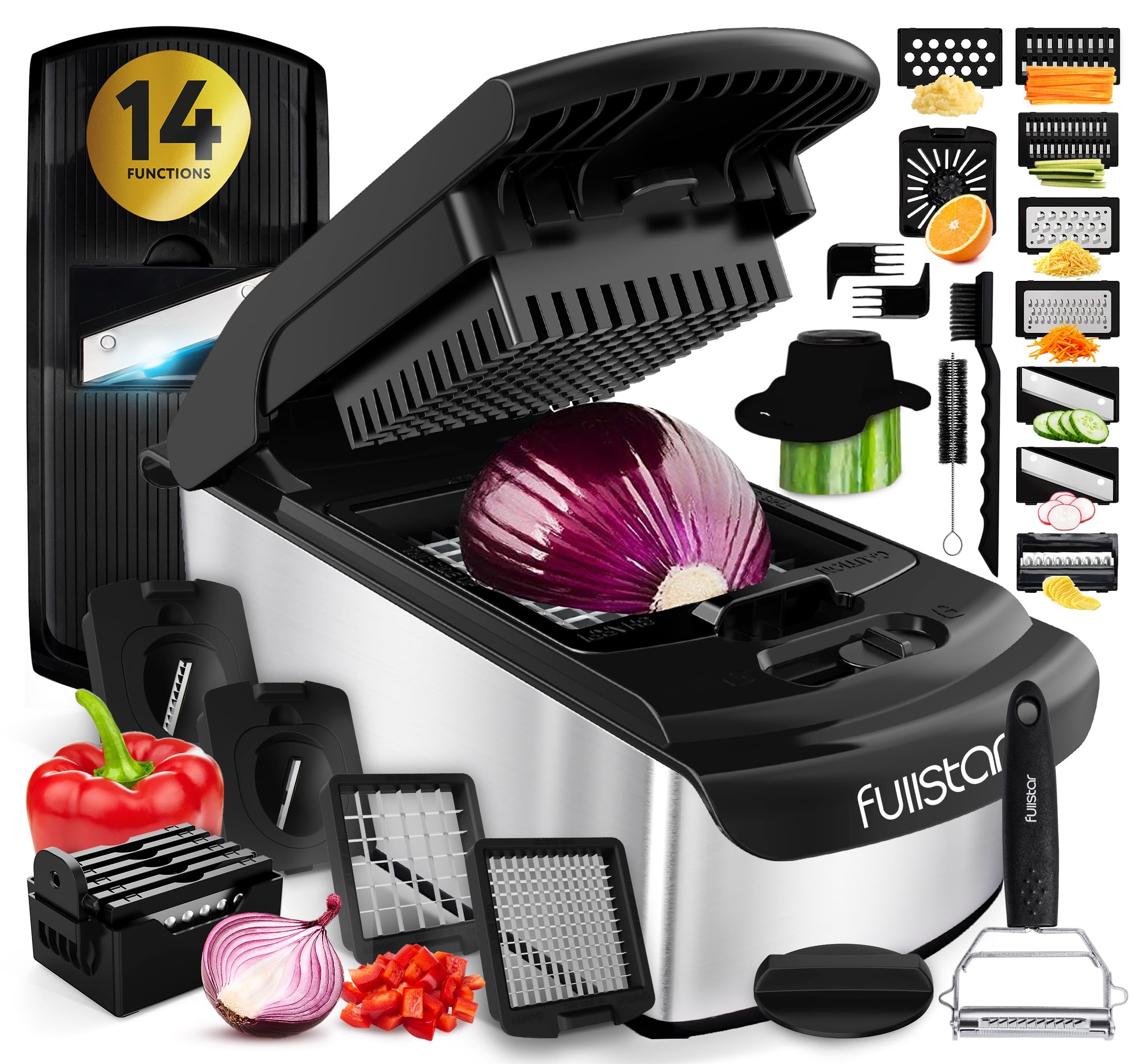 Vegetable Chopper & Mandoline Slicer with Container - Veggie Onion Salad Food Cutter Dicer - Julienne & Wavy Slicer - Grater Zester - Kitchen Tools Gadgets - Home Essentials (14-in-1 PRO SS Black)