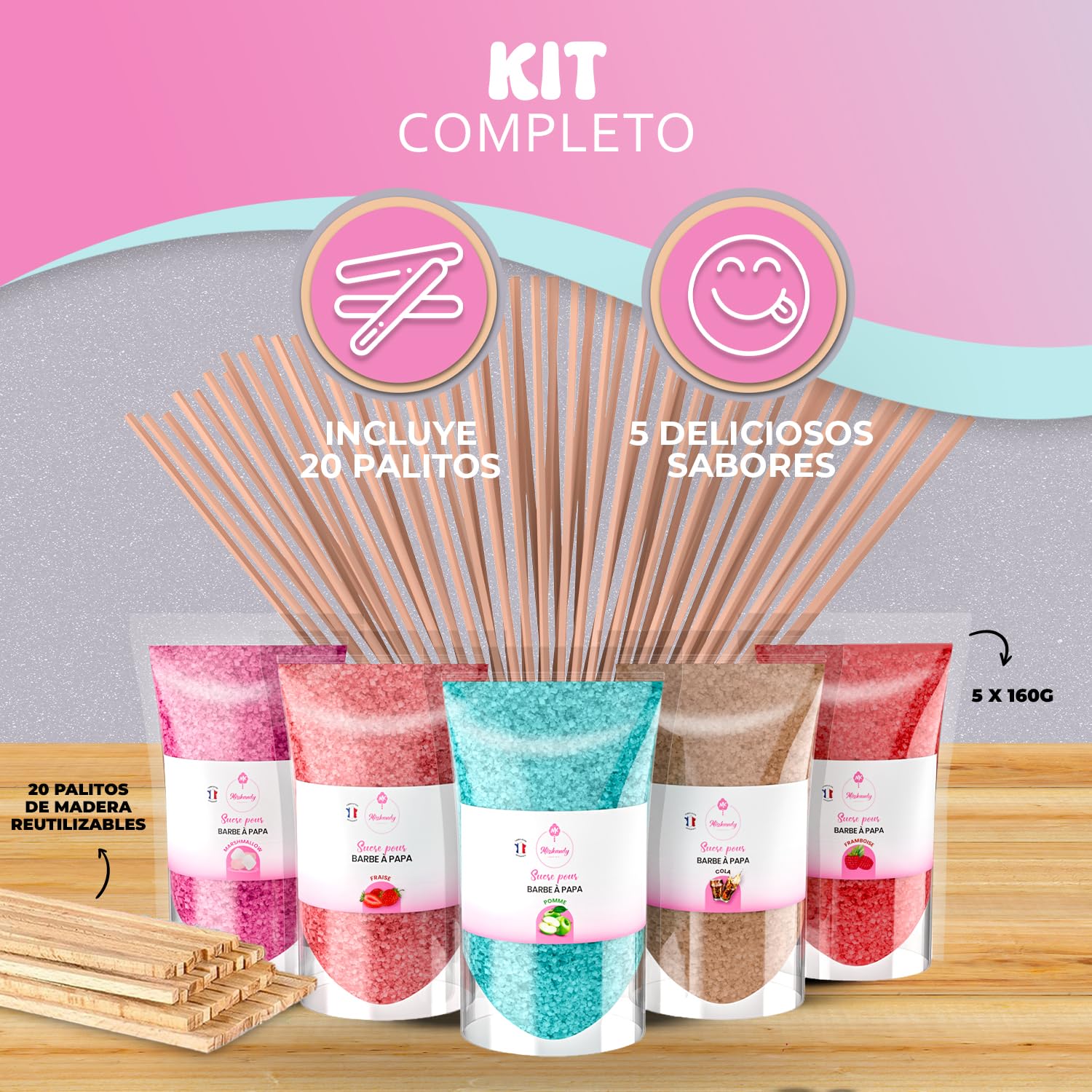 Misskandy, algodón de azúcar para la máquina (5 * 160 Gr) / sabores:fresa, manzana, malvavisco, cola, frambuesa + 20 barritas de (30 cm)