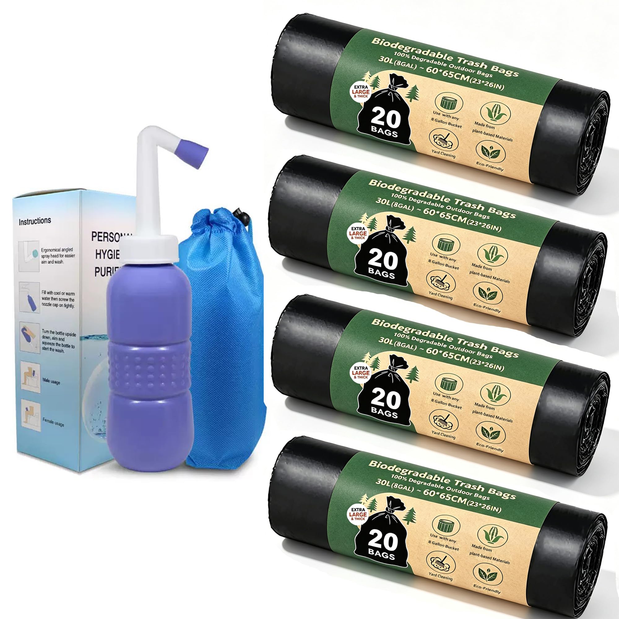 Camping Toilet Bags，80PCS Commode Liner Bags with Portable bidet, 30L 8 Gallon Waterproof Biodegradable Toilet Trash Bags for Fishing bivvy,Camping Bin and Car Portable Potty (80PCS(4 Rolls)+bidet)